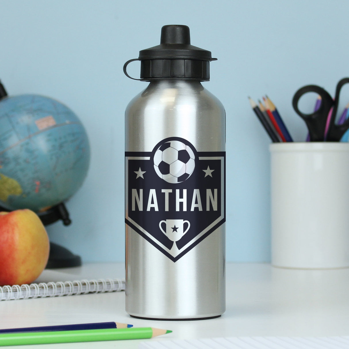 Personalised Football Silver Drinks Bottle: 2 - Kids Bottles By Gift Moments