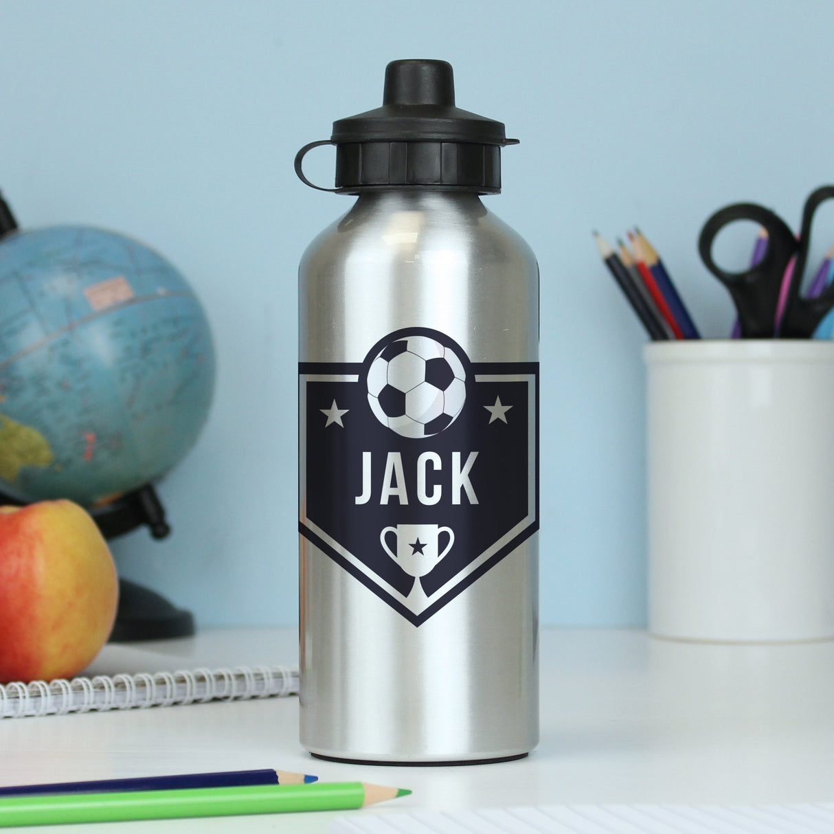 Personalised Football Silver Drinks Bottle: 4 - Kids Bottles By Gift Moments