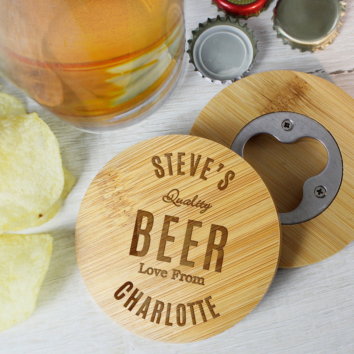 Personalised Free Text Bamboo Bottle Opener Coaster: 3 - Coasters By Gift Moments