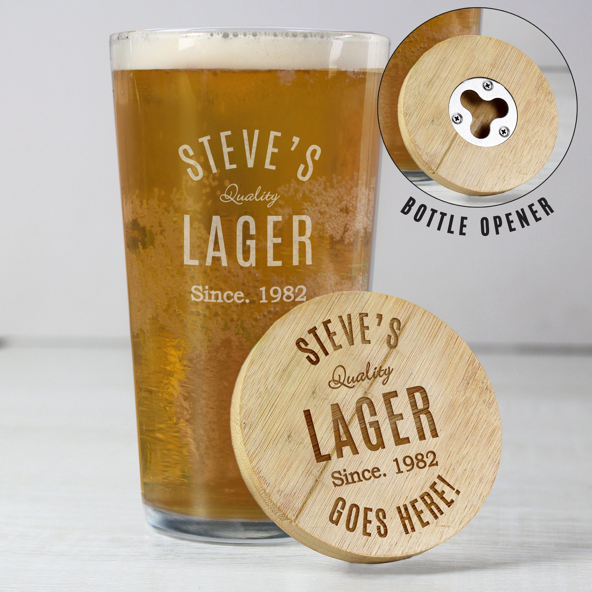 Personalised Free Text Bamboo Bottle Opener Coaster and Pint Glass: 3 - Beer Glasses By Gift Moments