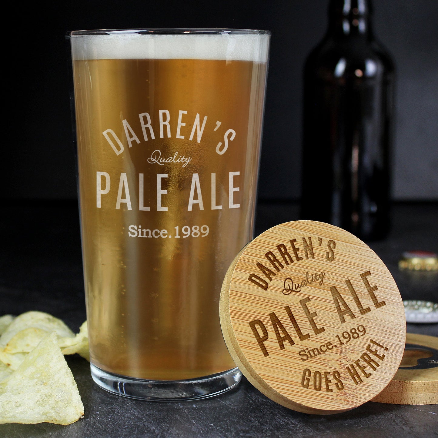 Personalised Free Text Bamboo Bottle Opener Coaster and Pint Glass: 1 - Beer Glasses By Gift Moments