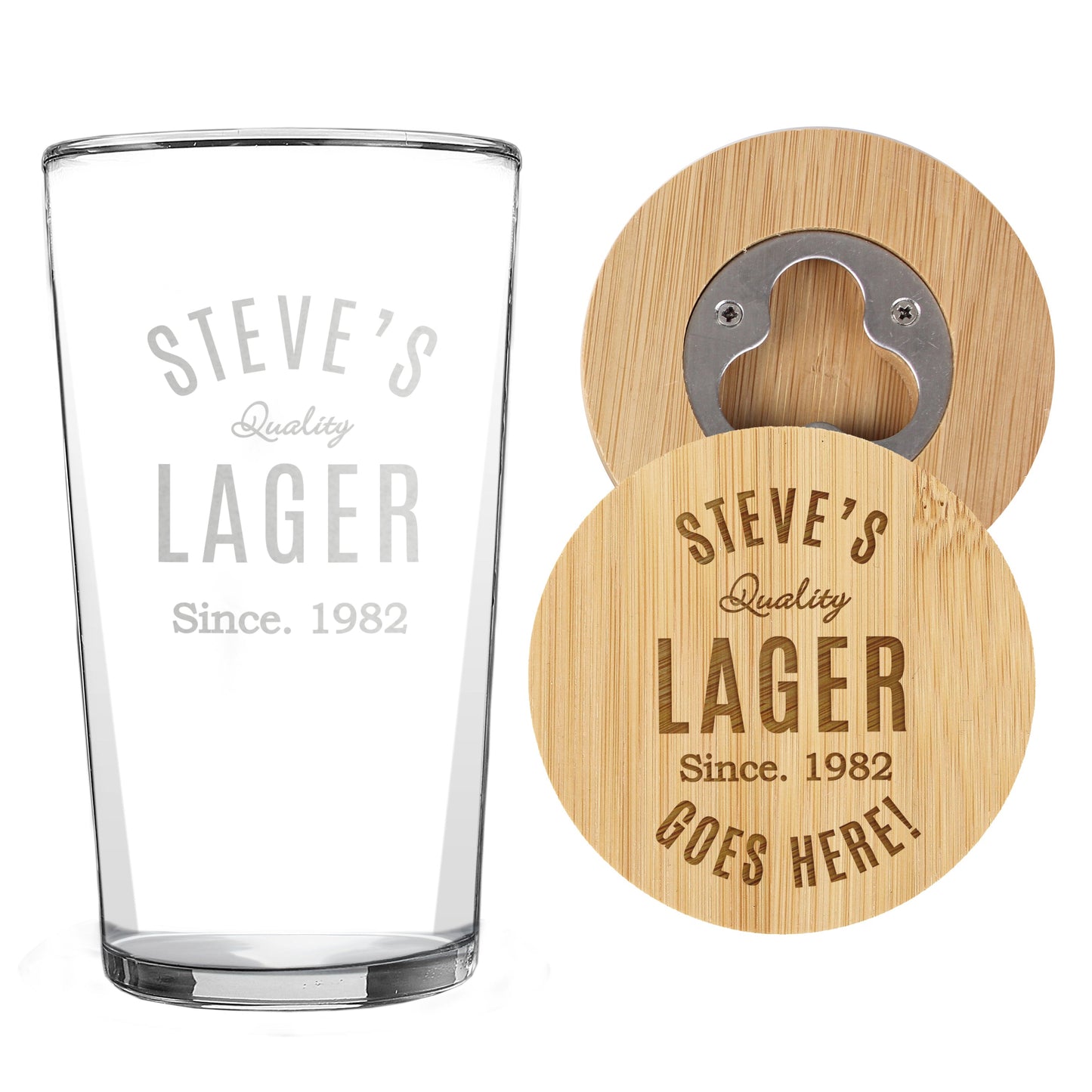 Personalised Free Text Bamboo Bottle Opener Coaster and Pint Glass: 5 - Beer Glasses By Gift Moments
