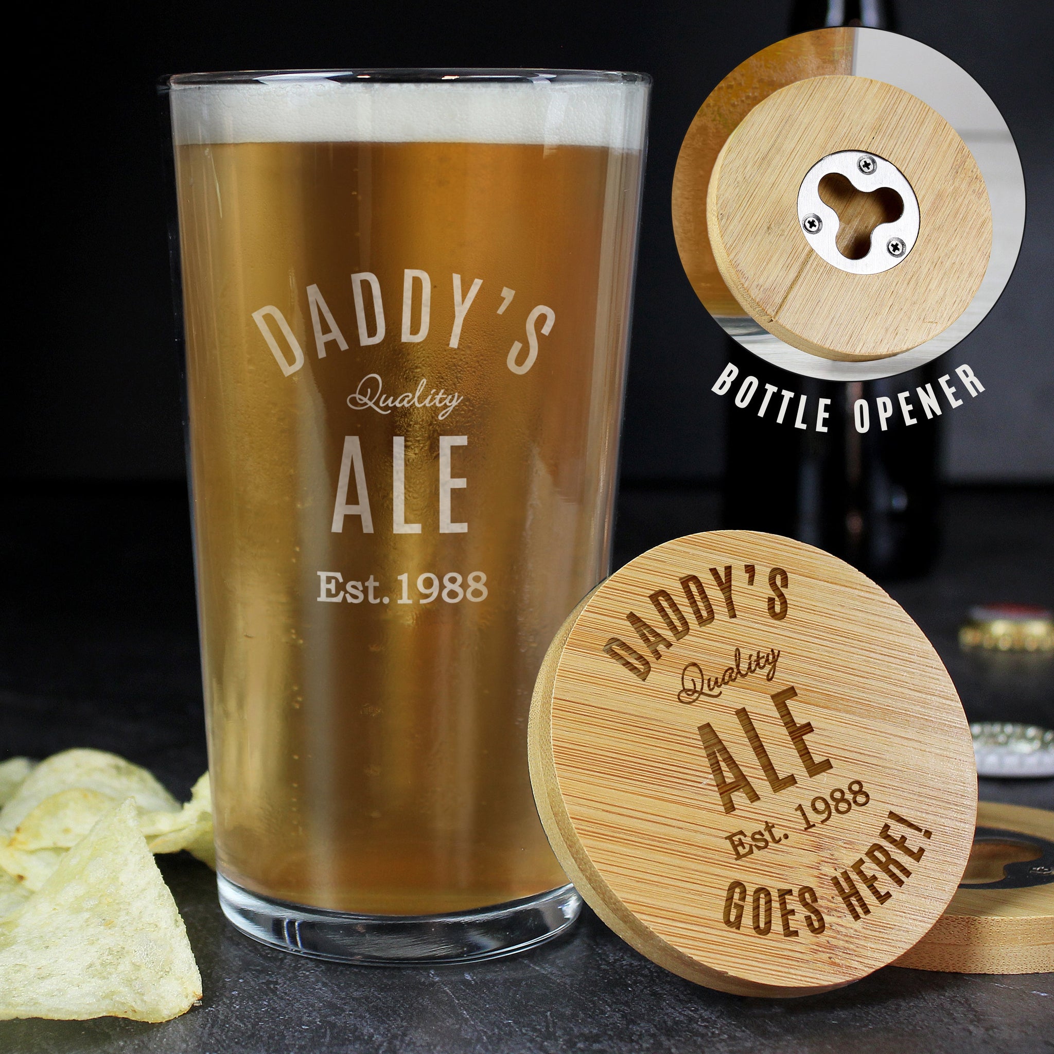 Personalised Free Text Bamboo Bottle Opener Coaster and Pint Glass: 2 - Beer Glasses By Gift Moments