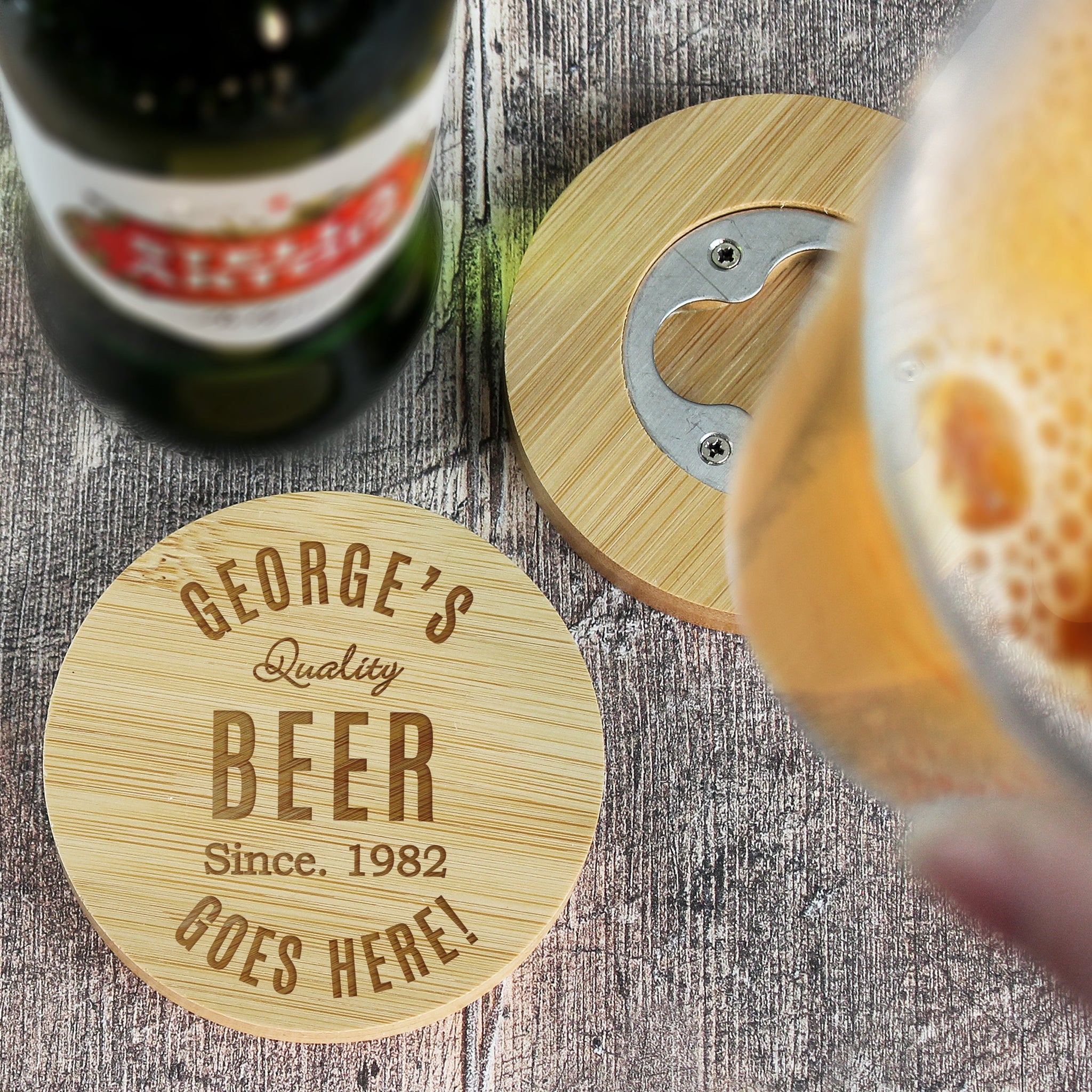 Personalised Free Text Bamboo Bottle Opener Coaster and Pint Glass: 4 - Beer Glasses By Gift Moments