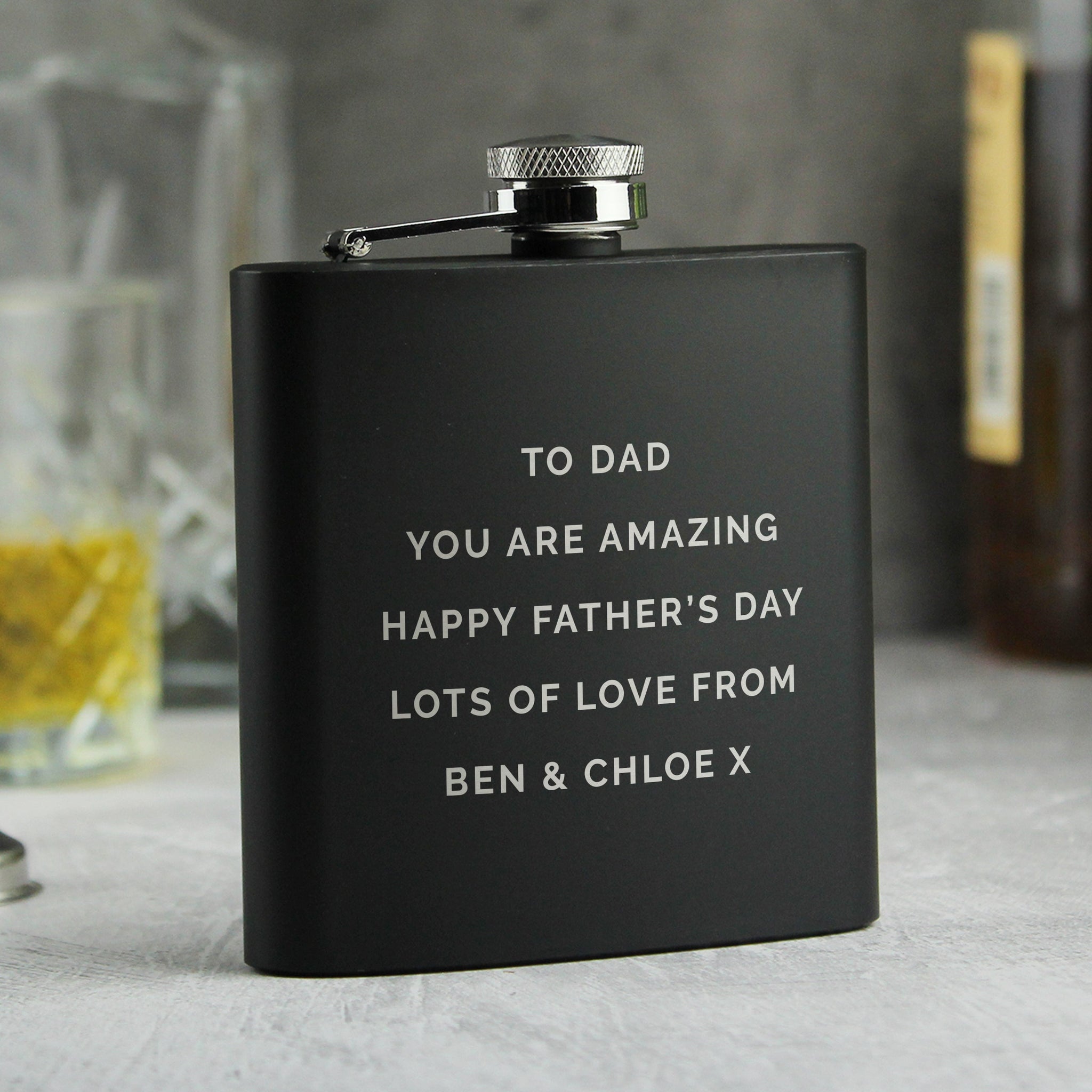 Personalised Free Text Black Hip Flask: 4 - Hip Flasks By Gift Moments