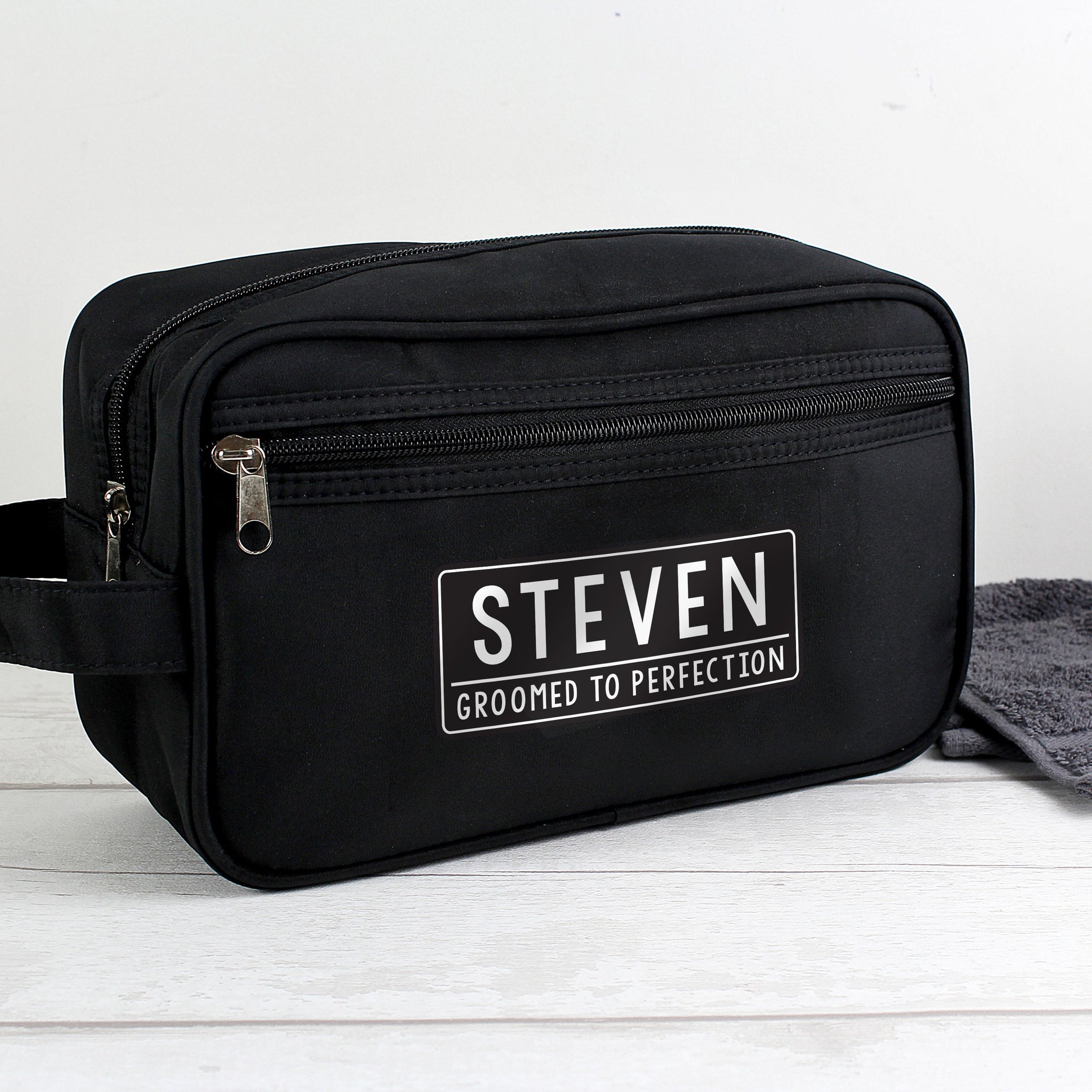 Personalised Free Text Black Toiletry Bag: 1 - Toiletry & Makeup Bags By Gift Moments