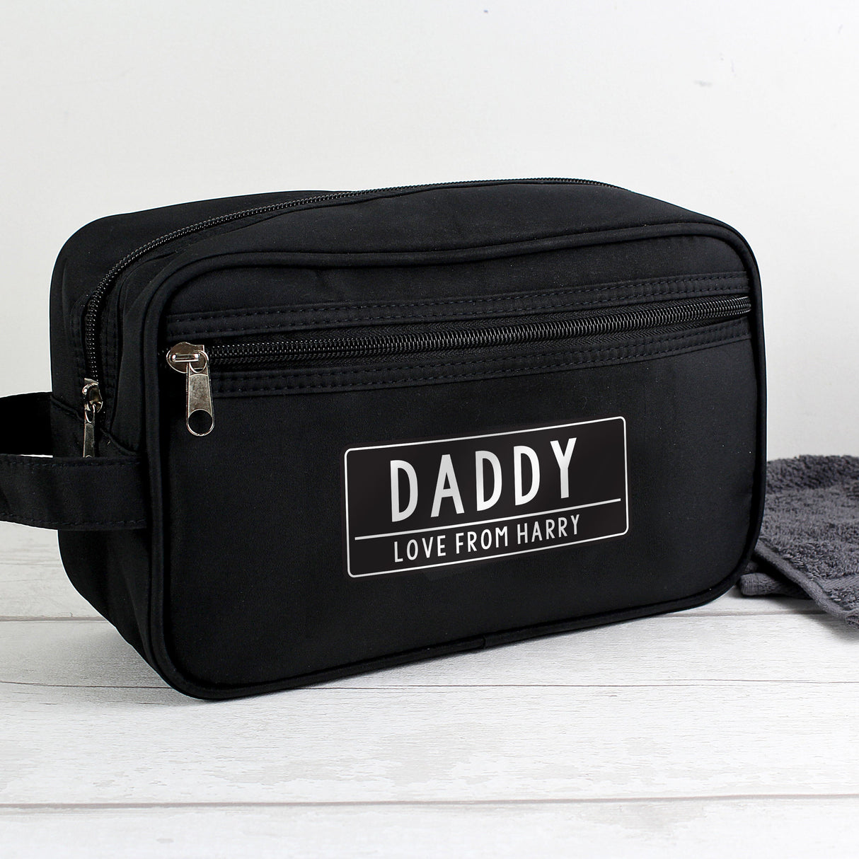 Personalised Free Text Black Toiletry Bag: 4 - Toiletry & Makeup Bags By Gift Moments