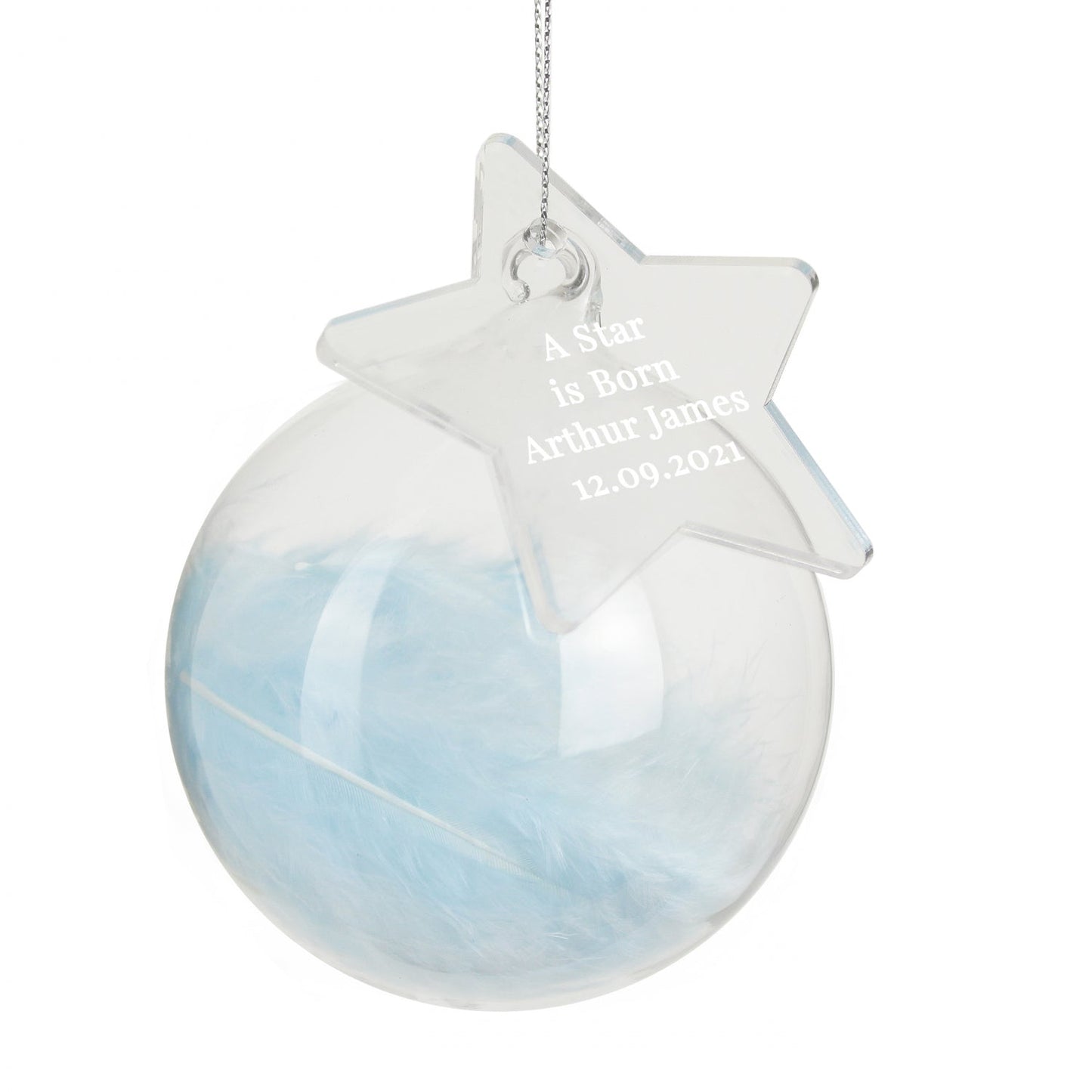 Personalised Free Text Blue Feather Glass Bauble With Star Tag: 4 - Christmas Baubles By Gift Moments