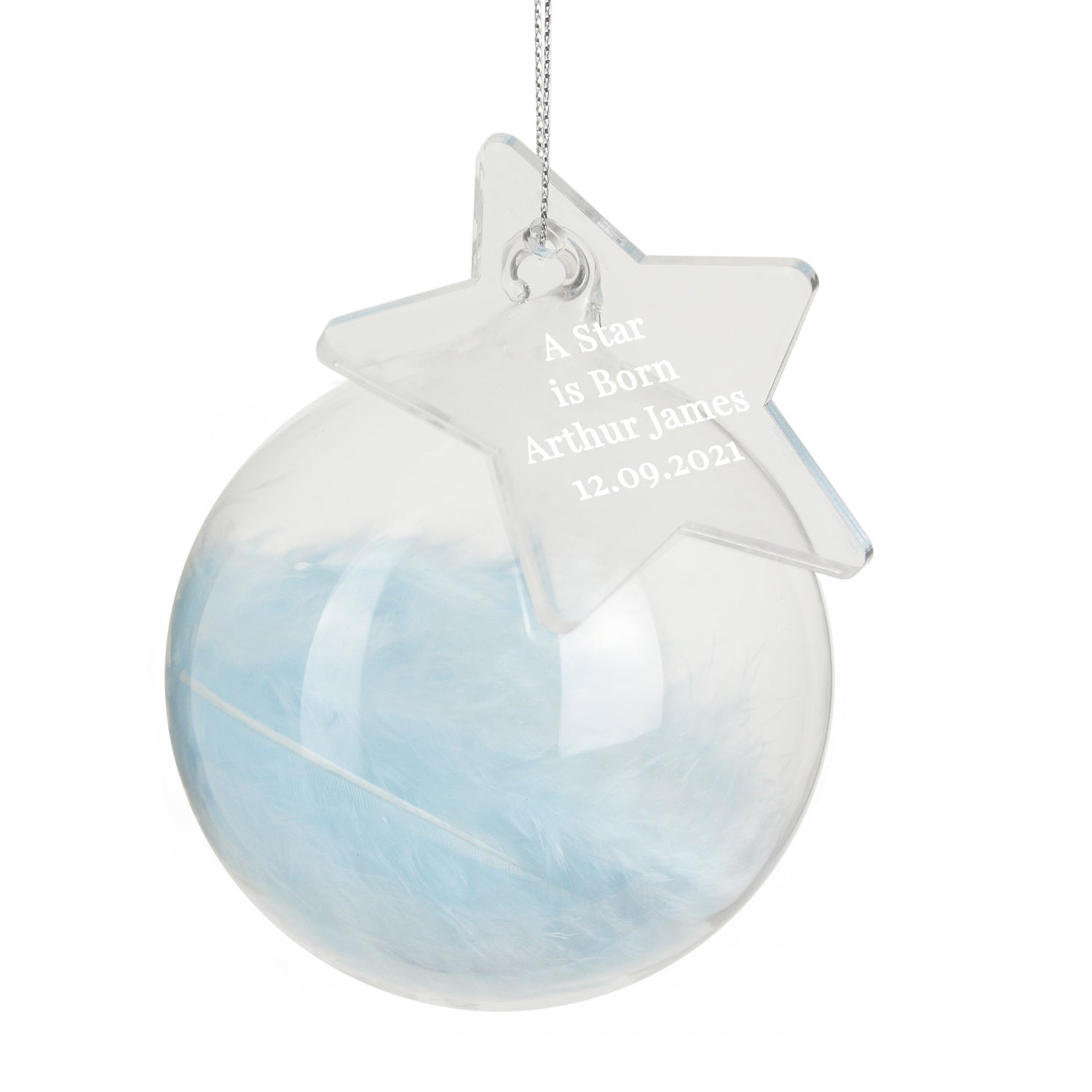 Personalised Free Text Blue Feather Glass Bauble With Star Tag: 4 - Christmas Baubles By Gift Moments