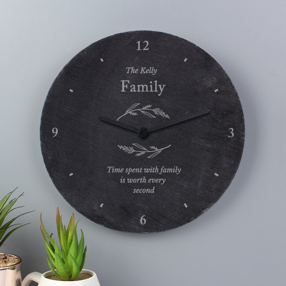 Personalised Free Text Botanical Slate Clock: 3 - Clocks By Gift Moments