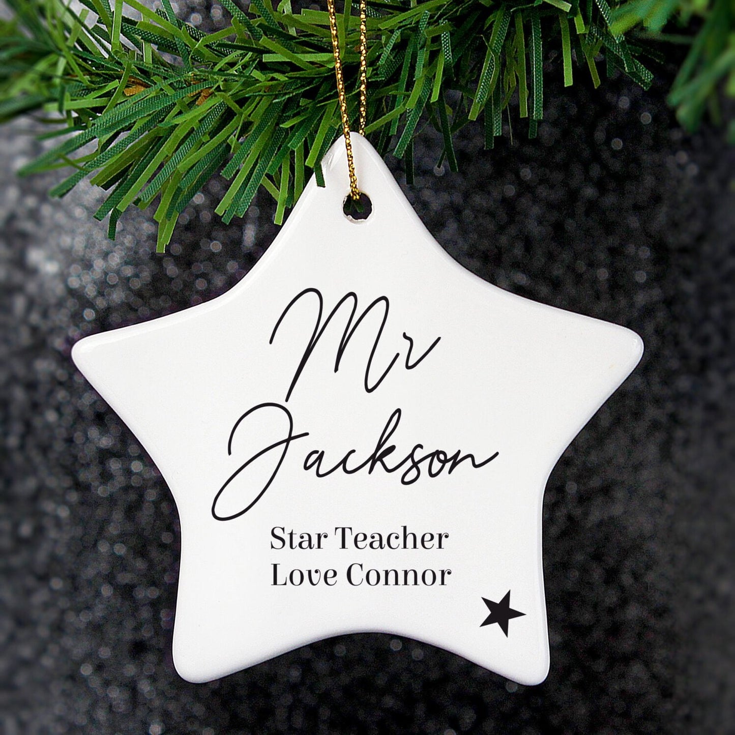 Personalised Free Text Ceramic Star Decoration: 4 - Christmas Decorations By Gift Moments