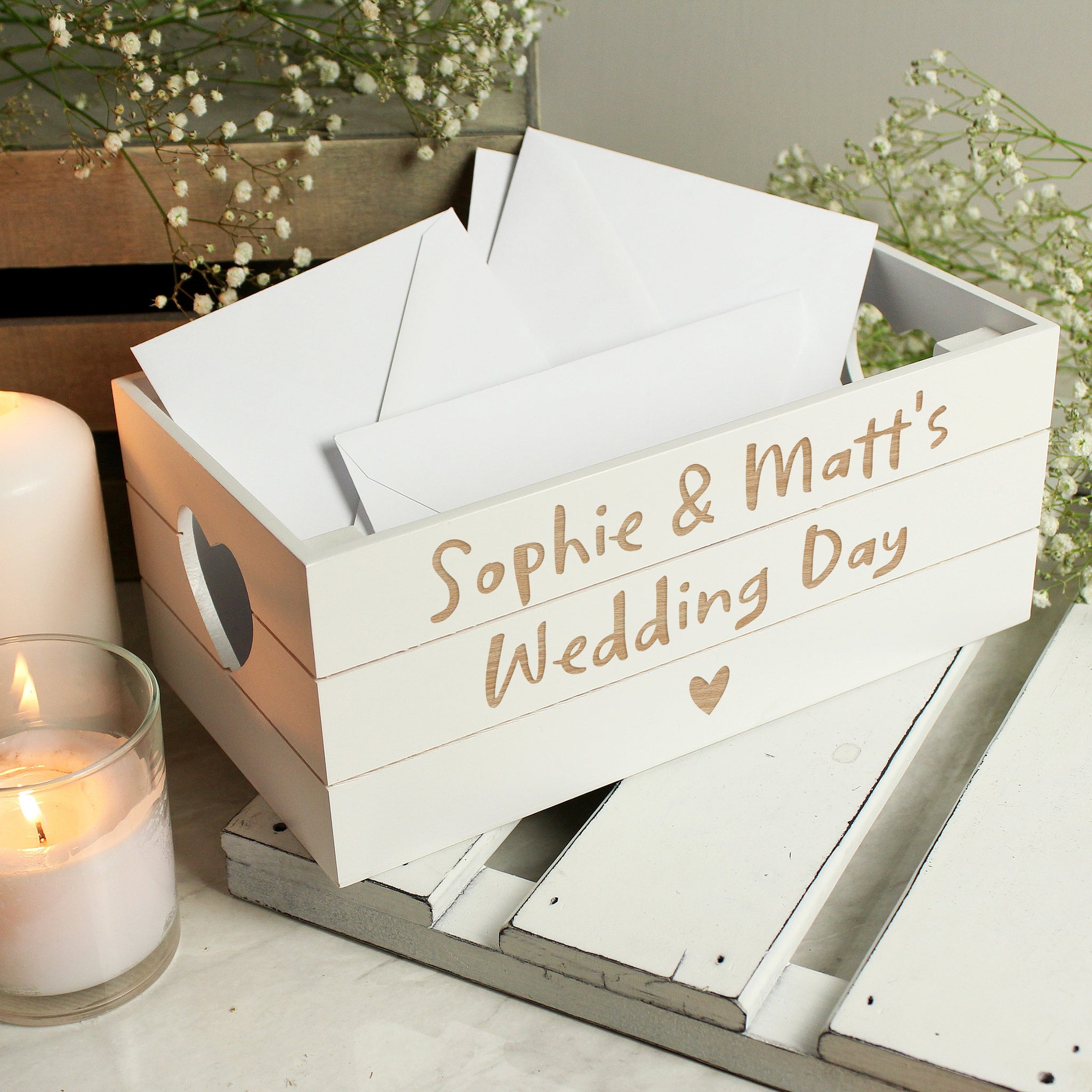 Personalised Free Text Heart White Wooden Crate: 3 - Storage By Gift Moments