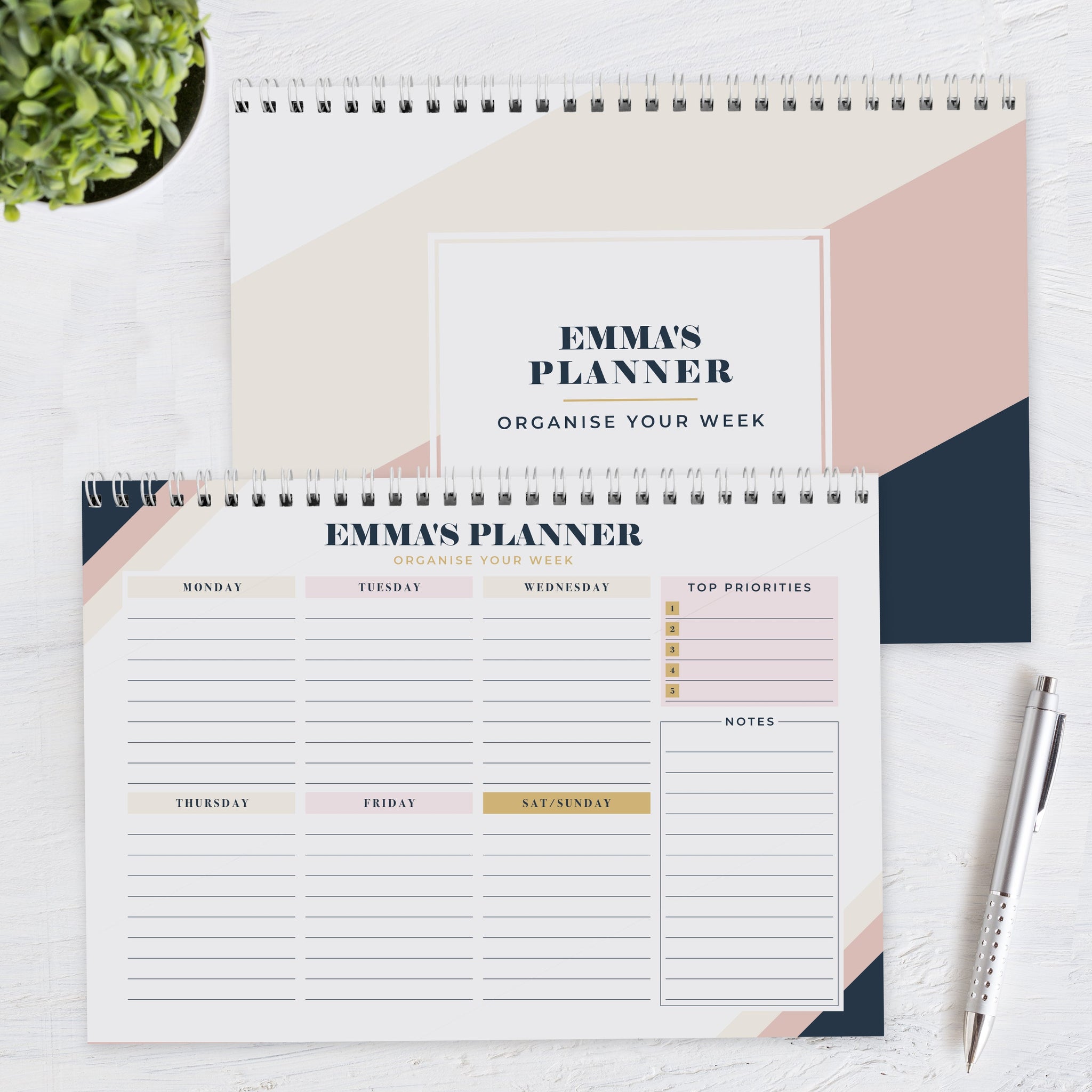 Personalised Free Text Navy & Blush A4 Desk Planner: 4 - Calendars & Planners By Gift Moments