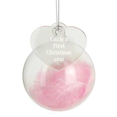 Personalised Free Text Pink Feather Glass Bauble With Heart Tag: 4 - Christmas Baubles By Gift Moments