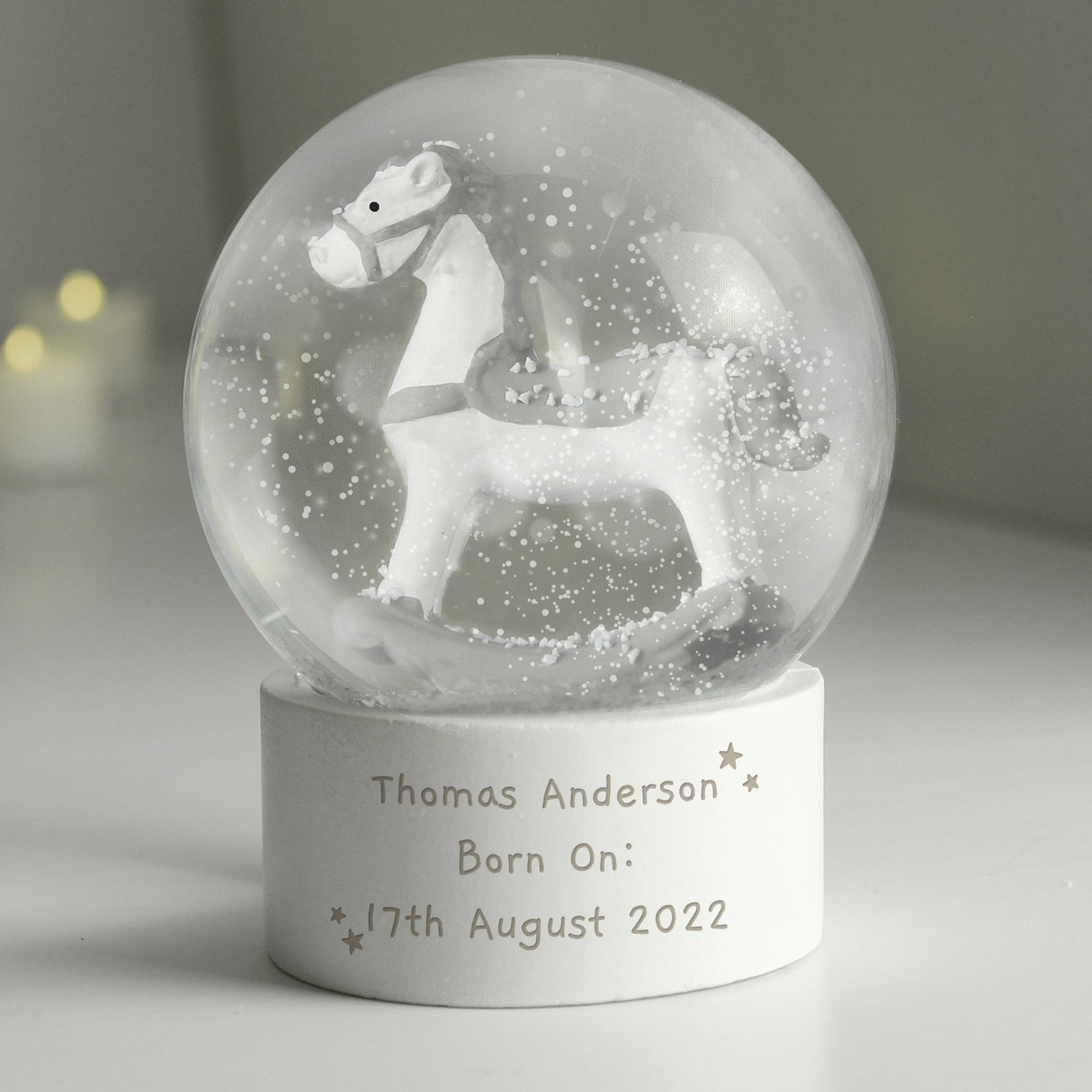 Personalised Free Text Rocking Horse Glitter Snow Globe: 4 Snow Globes By Gift Moments