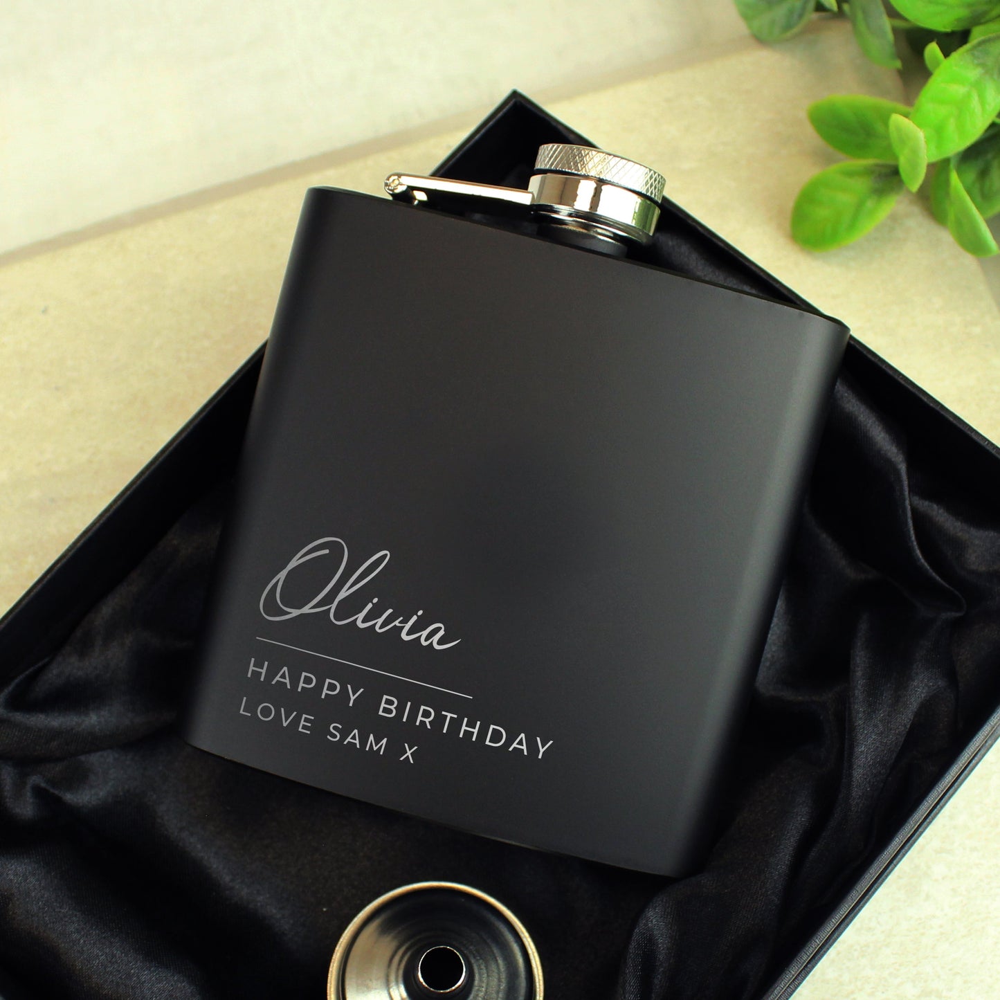 Personalised Free Text Script Black Hip Flask: 8 - Hip Flasks By Gift Moments