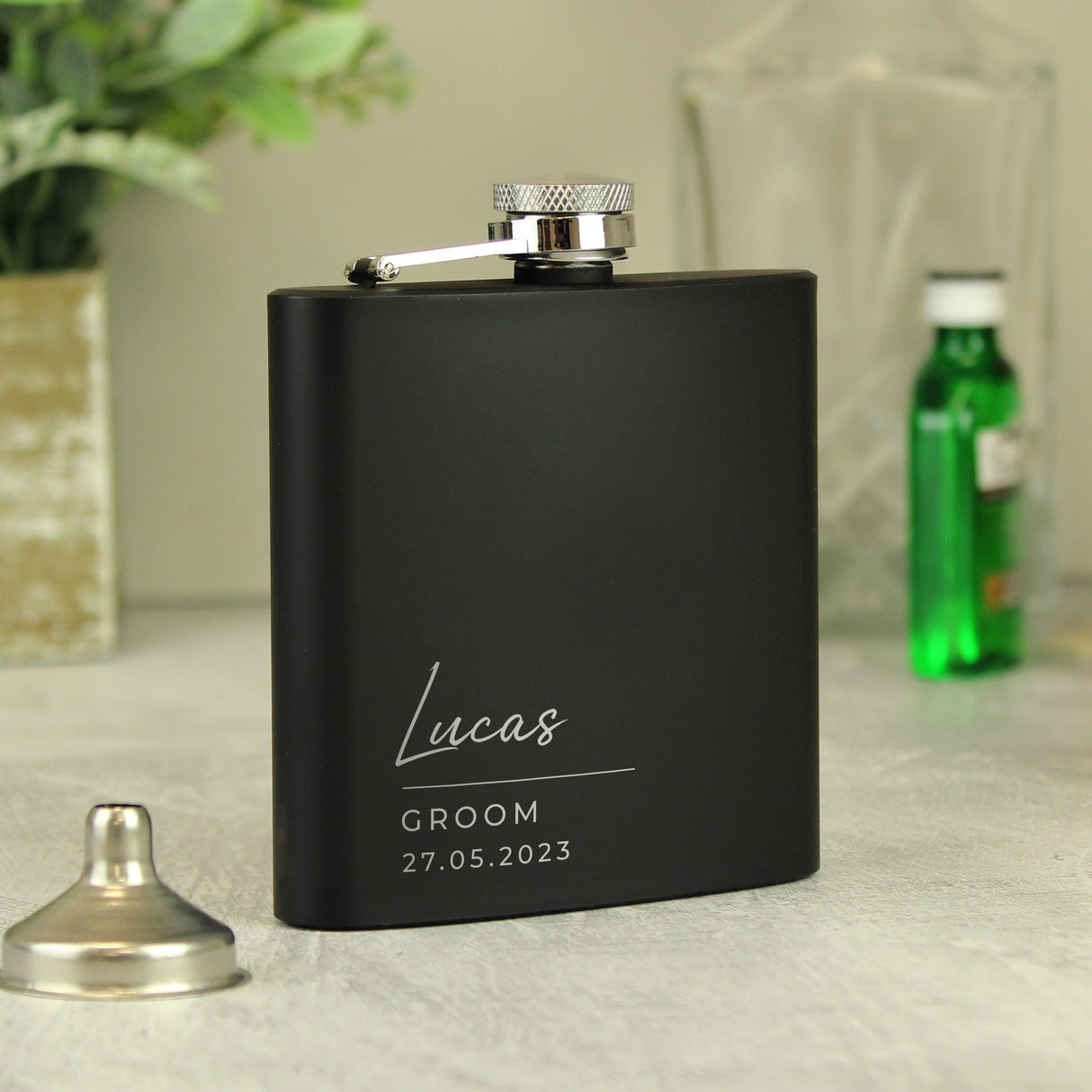 Personalised Free Text Script Black Hip Flask: 6 - Hip Flasks By Gift Moments