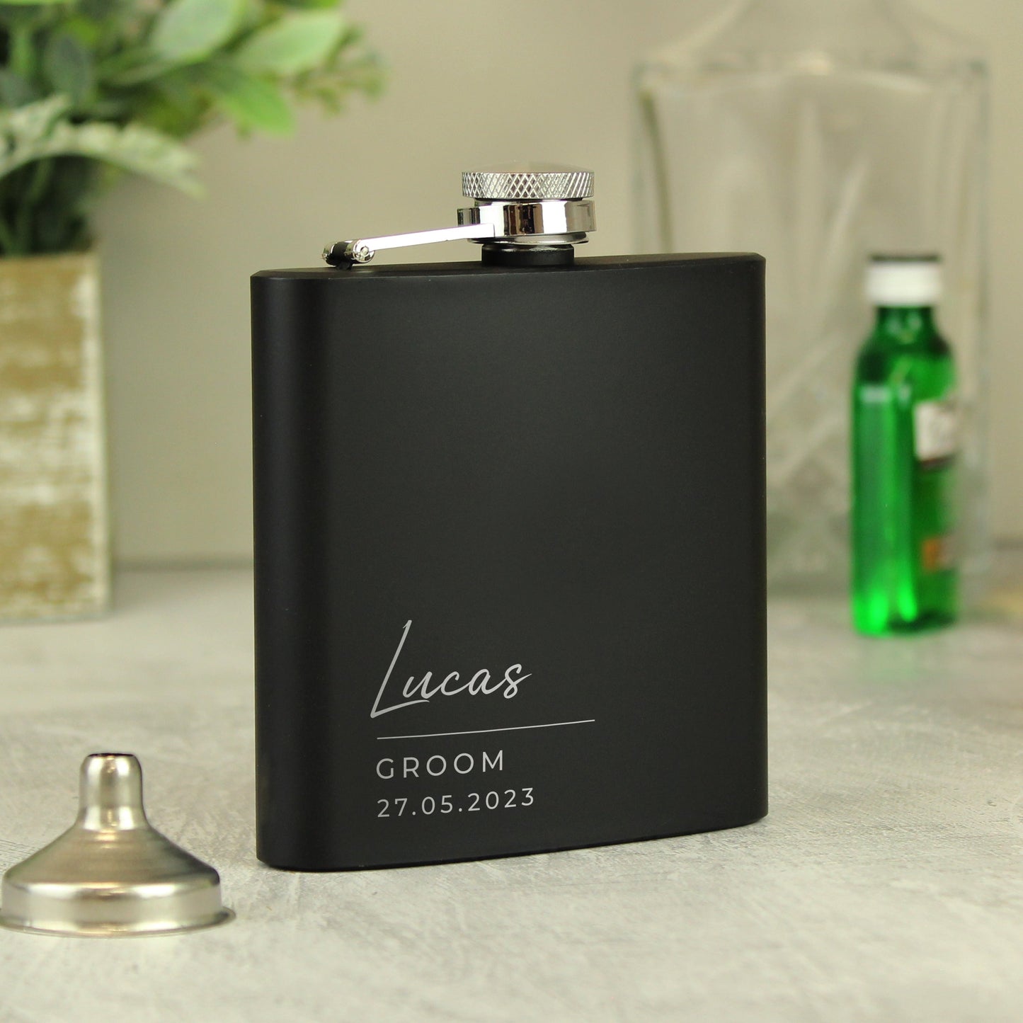 Personalised Free Text Script Black Hip Flask: 6 - Hip Flasks By Gift Moments
