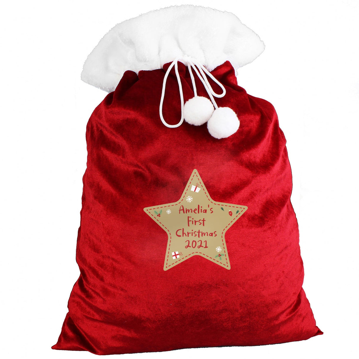 Personalised Free Text Star Luxury Pom Pom Red Sack: 4 - Christmas Sacks By Gift Moments