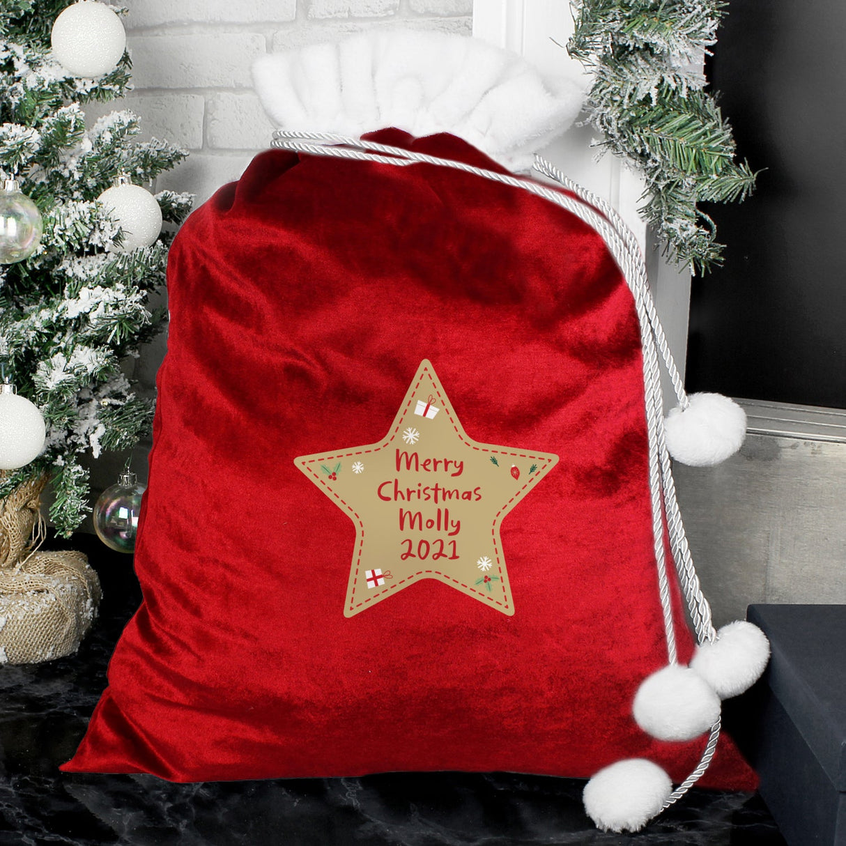 Personalised Free Text Star Luxury Pom Pom Red Sack: 2 - Christmas Sacks By Gift Moments