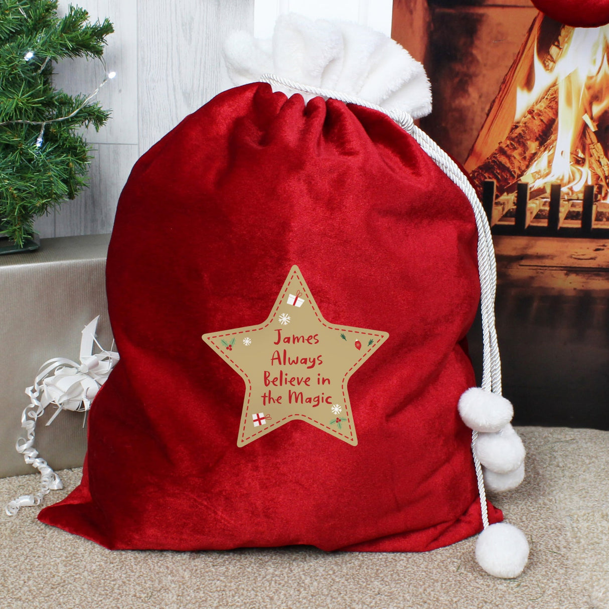 Personalised Free Text Star Luxury Pom Pom Red Sack: 3 - Christmas Sacks By Gift Moments