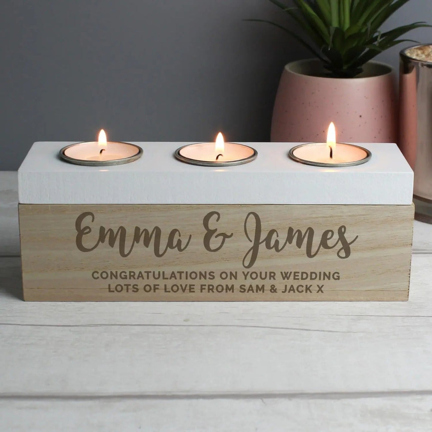 Personalised Free Text Triple Tea Light Box: 2 - Candle Holders By Gift Moments