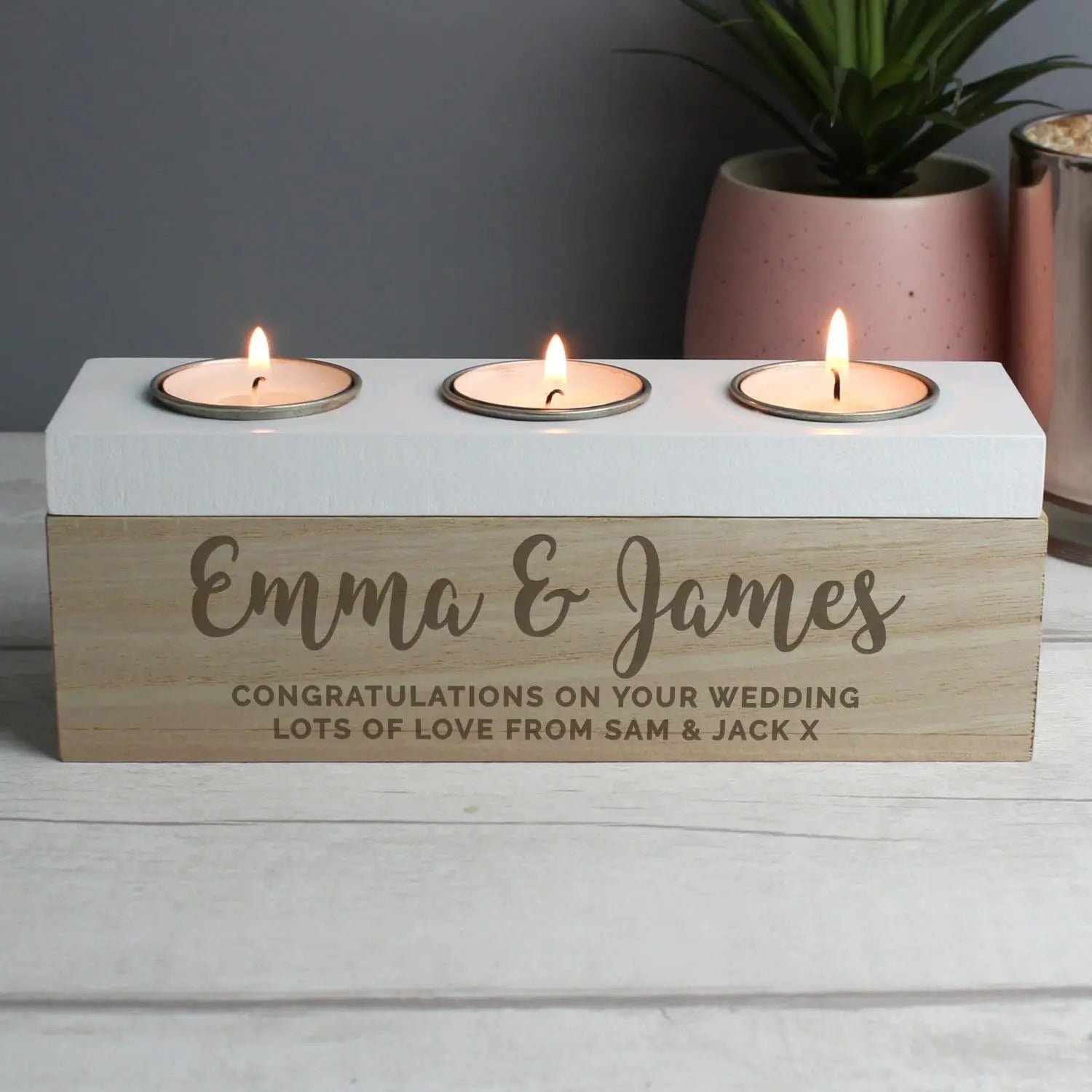 Personalised Free Text Triple Tea Light Box: 2 - Candle Holders By Gift Moments