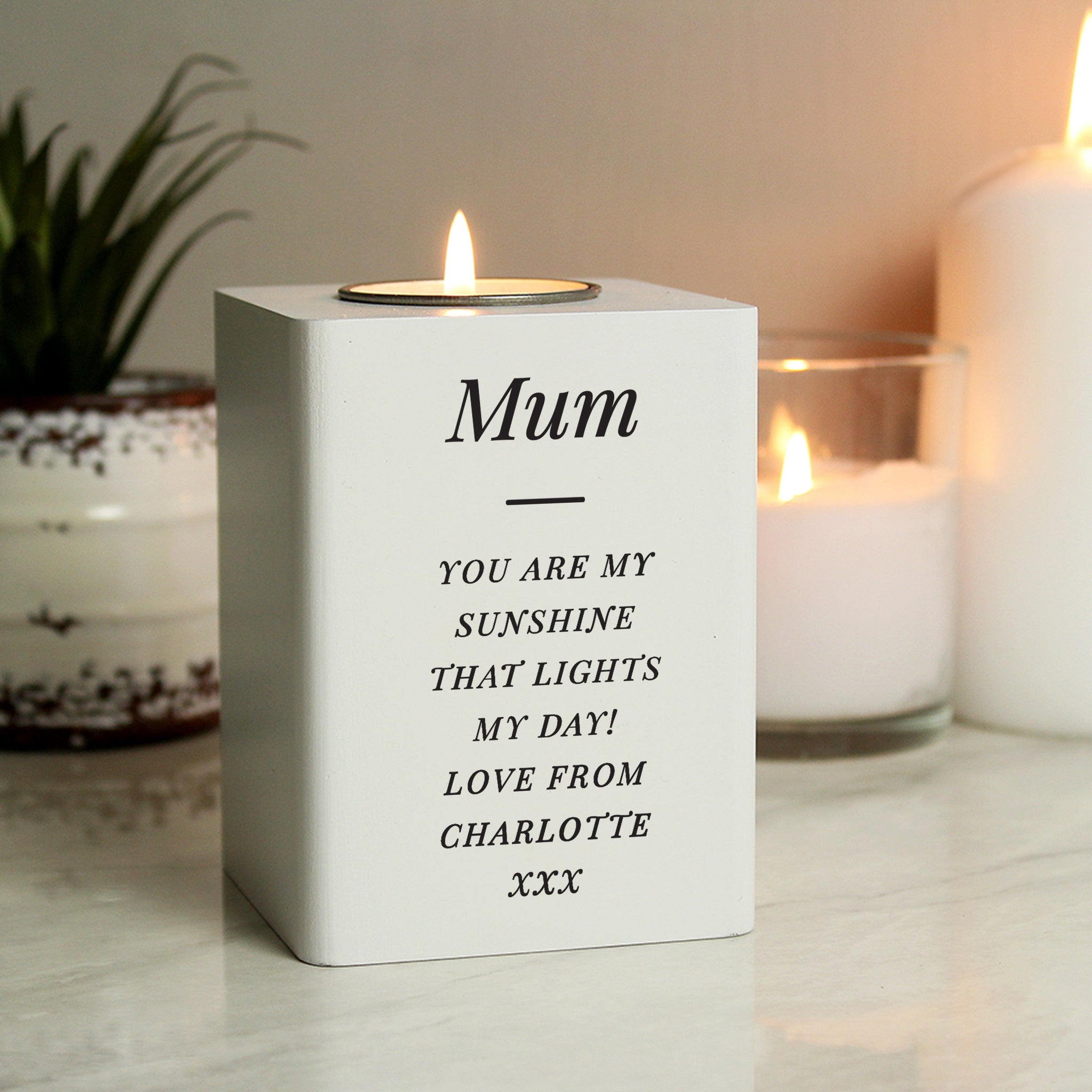 Personalised Free Text White Wooden Tea light Holder: 1 - Candle Holders By Gift Moments