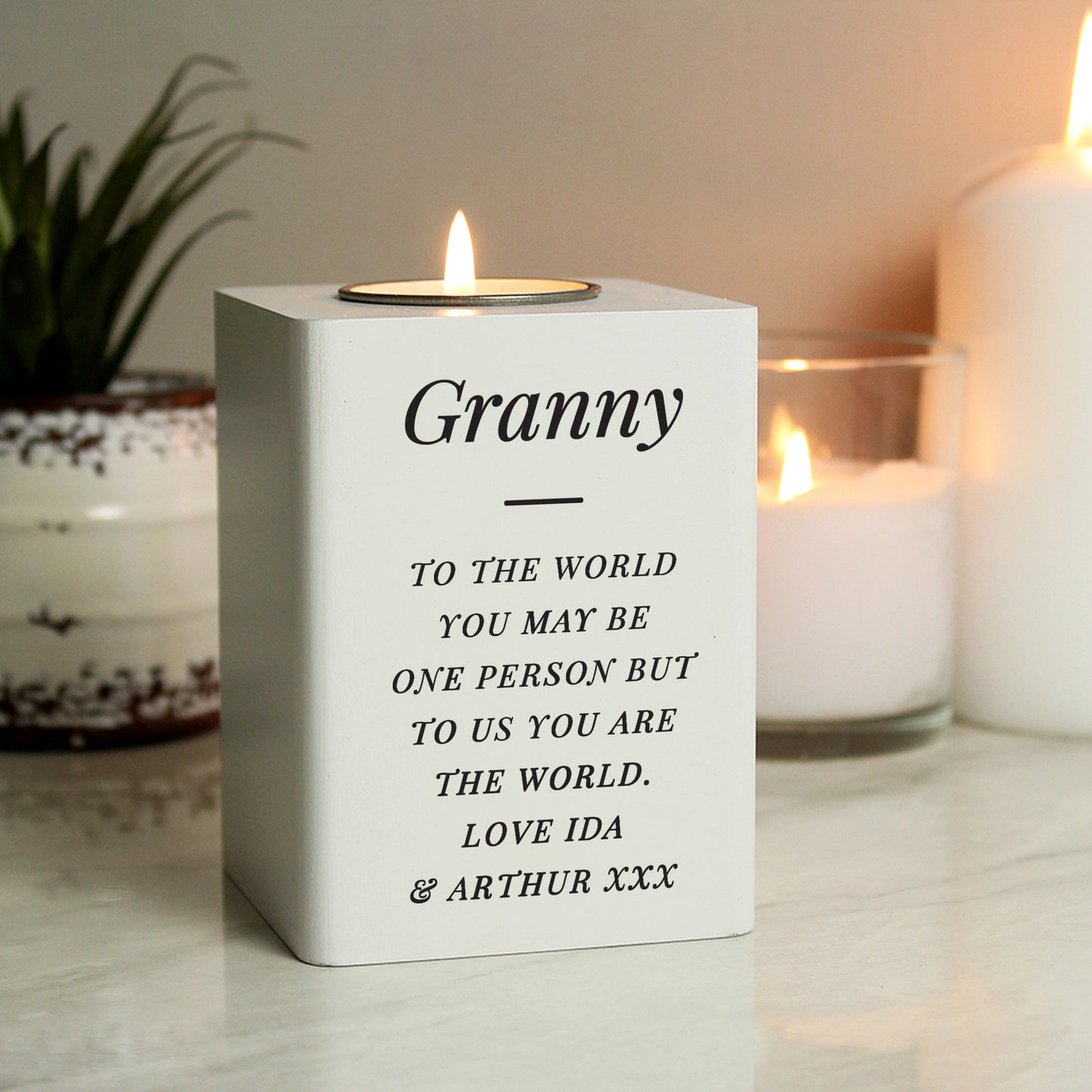Personalised Free Text White Wooden Tea light Holder: 4 - Candle Holders By Gift Moments