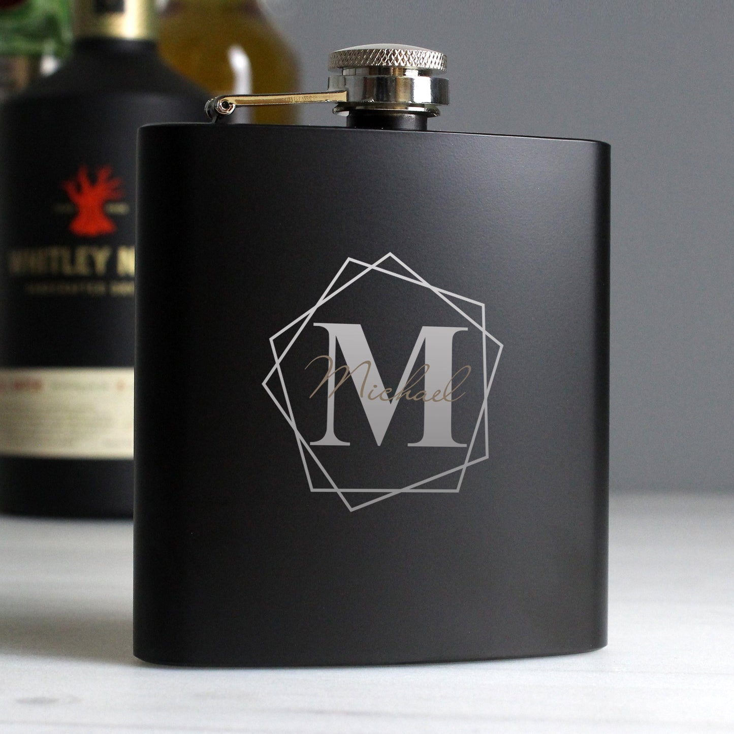 Personalised Geometric Initial Black Hip Flask: 1 - Hip Flasks By Gift Moments