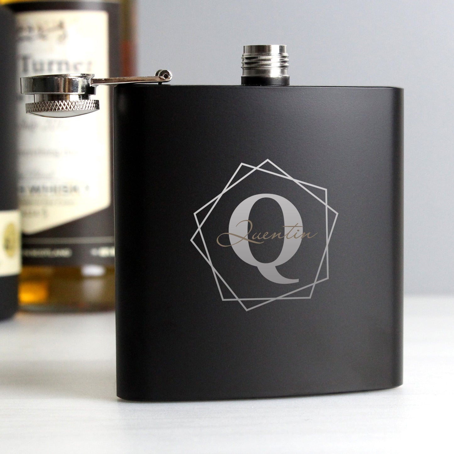 Personalised Geometric Initial Black Hip Flask: 4 - Hip Flasks By Gift Moments