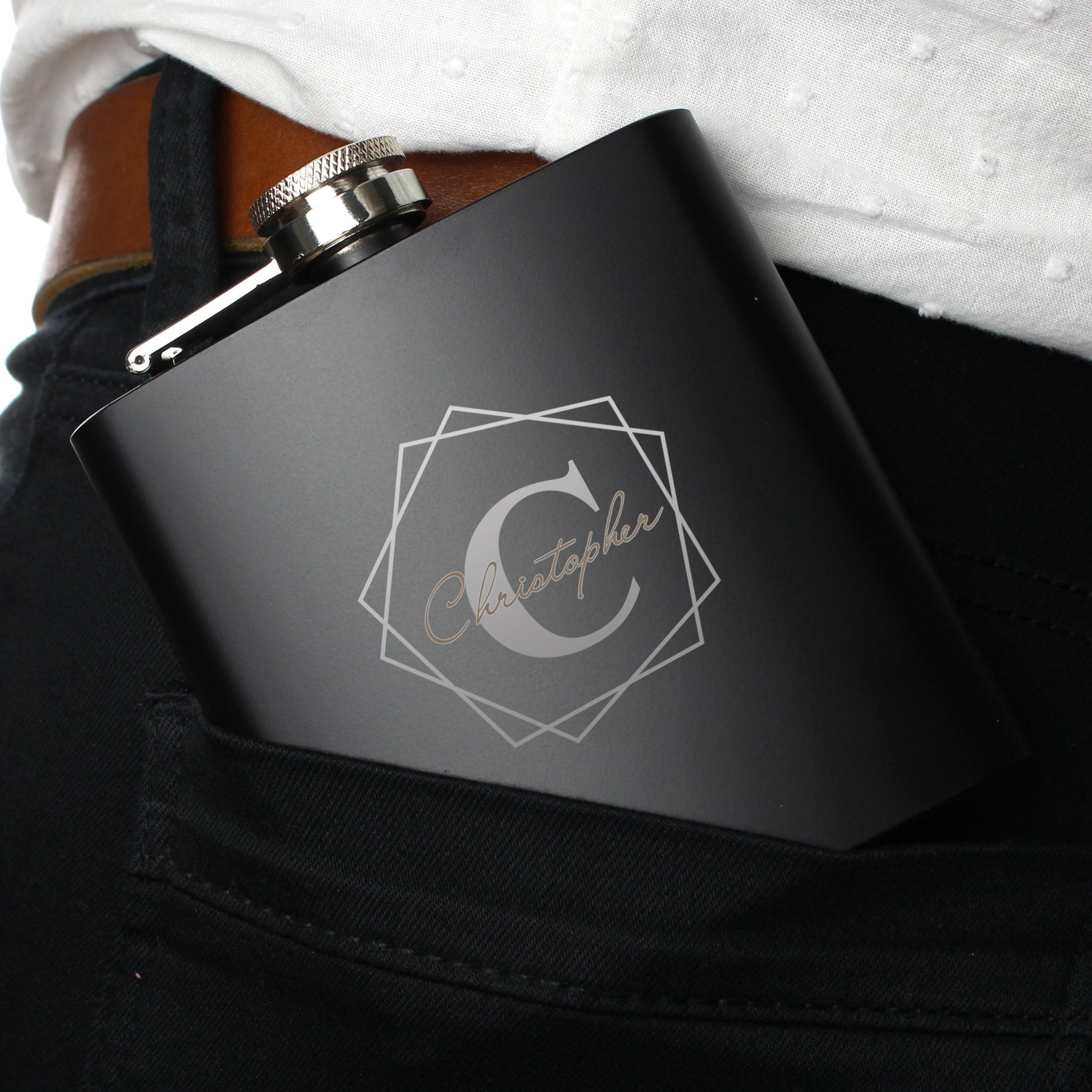 Personalised Geometric Initial Black Hip Flask: 7 - Hip Flasks By Gift Moments