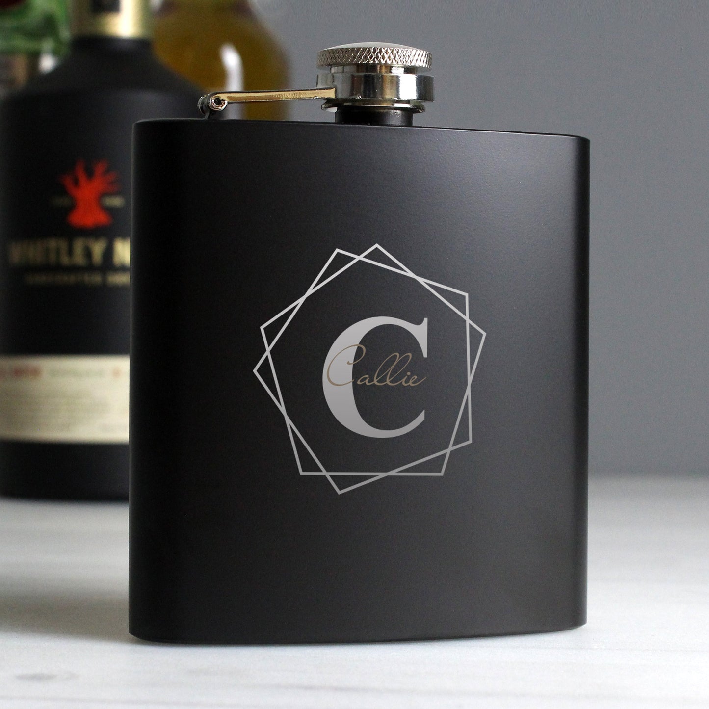 Personalised Geometric Initial Black Hip Flask: 2 - Hip Flasks By Gift Moments