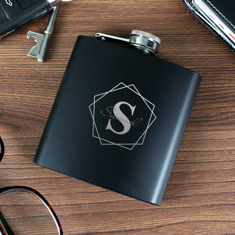 Personalised Geometric Initial Black Hip Flask: 9 - Hip Flasks By Gift Moments