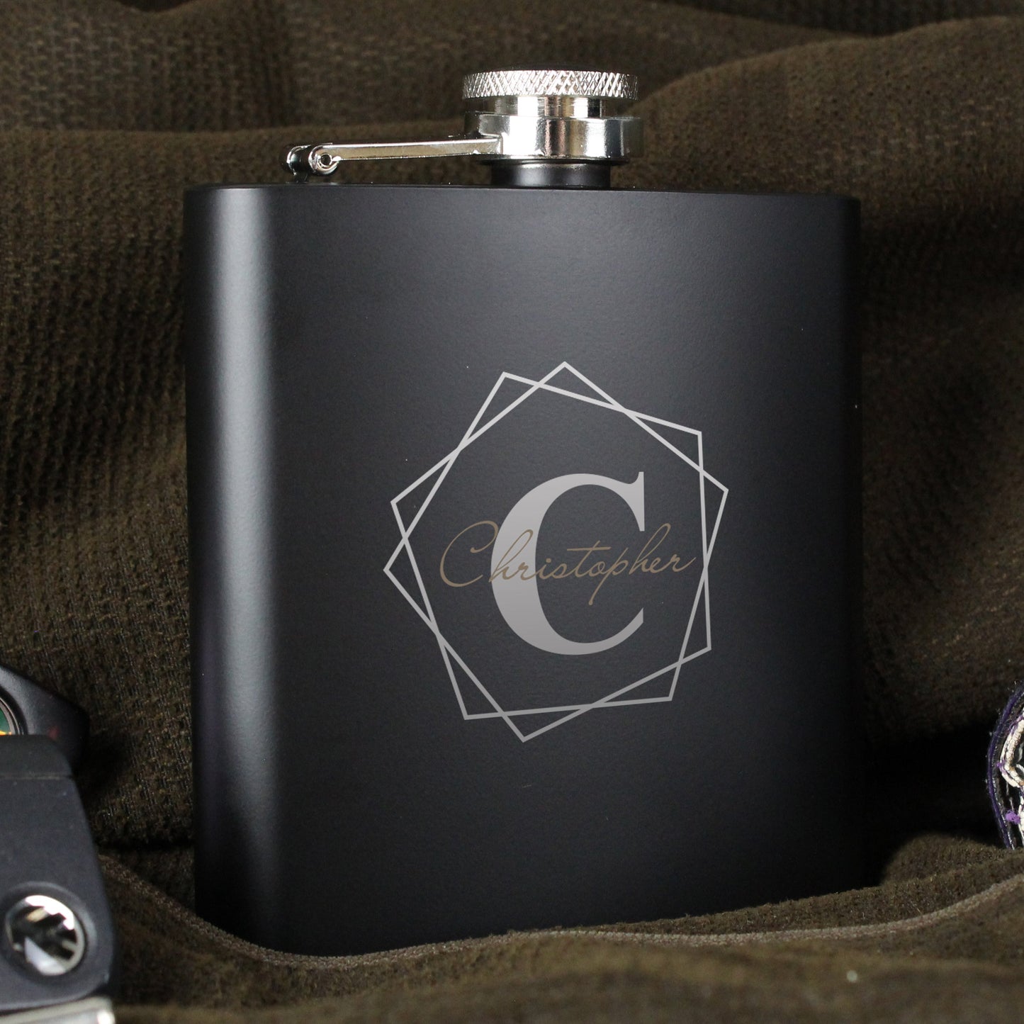 Personalised Geometric Initial Black Hip Flask: 8 - Hip Flasks By Gift Moments