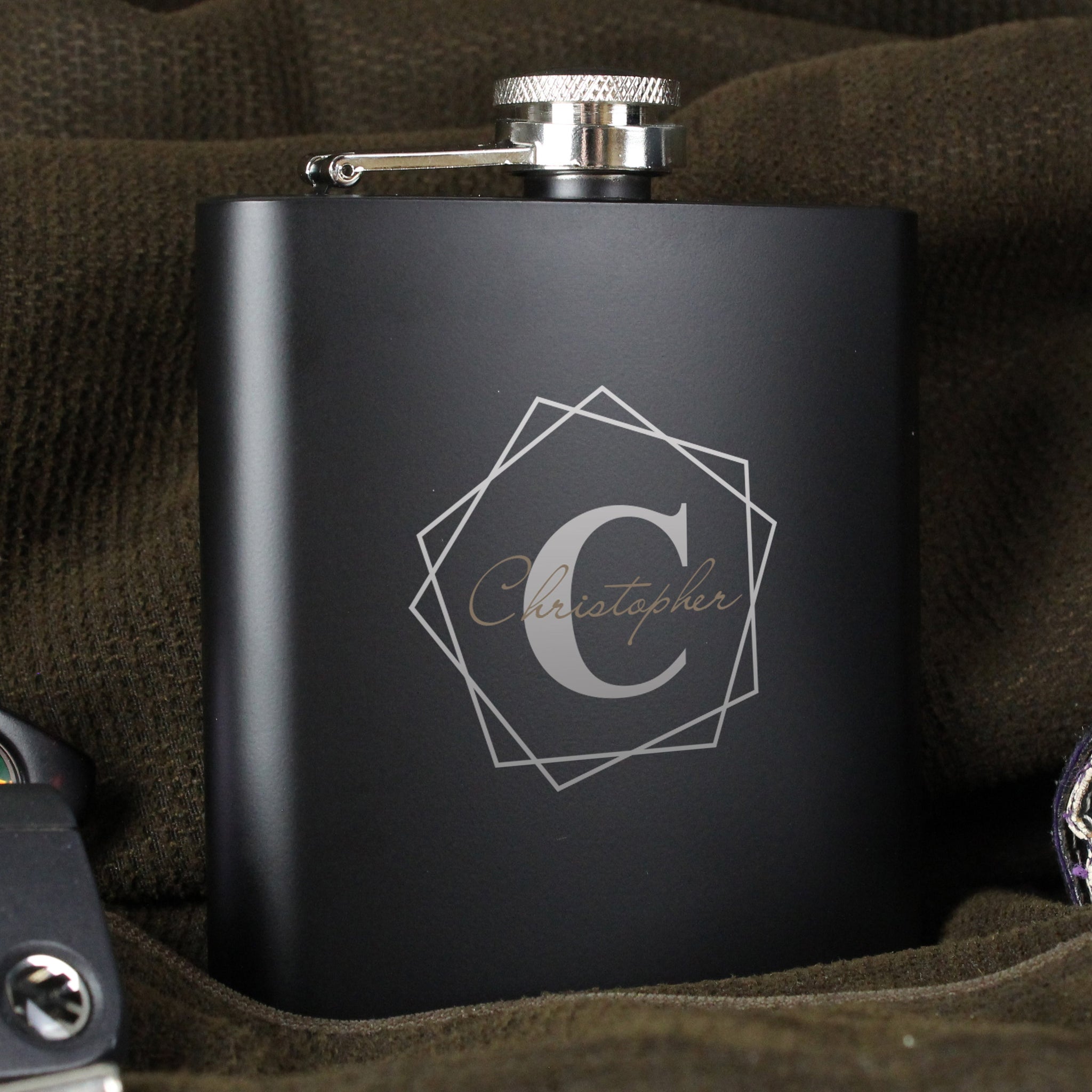 Personalised Geometric Initial Black Hip Flask: 8 - Hip Flasks By Gift Moments
