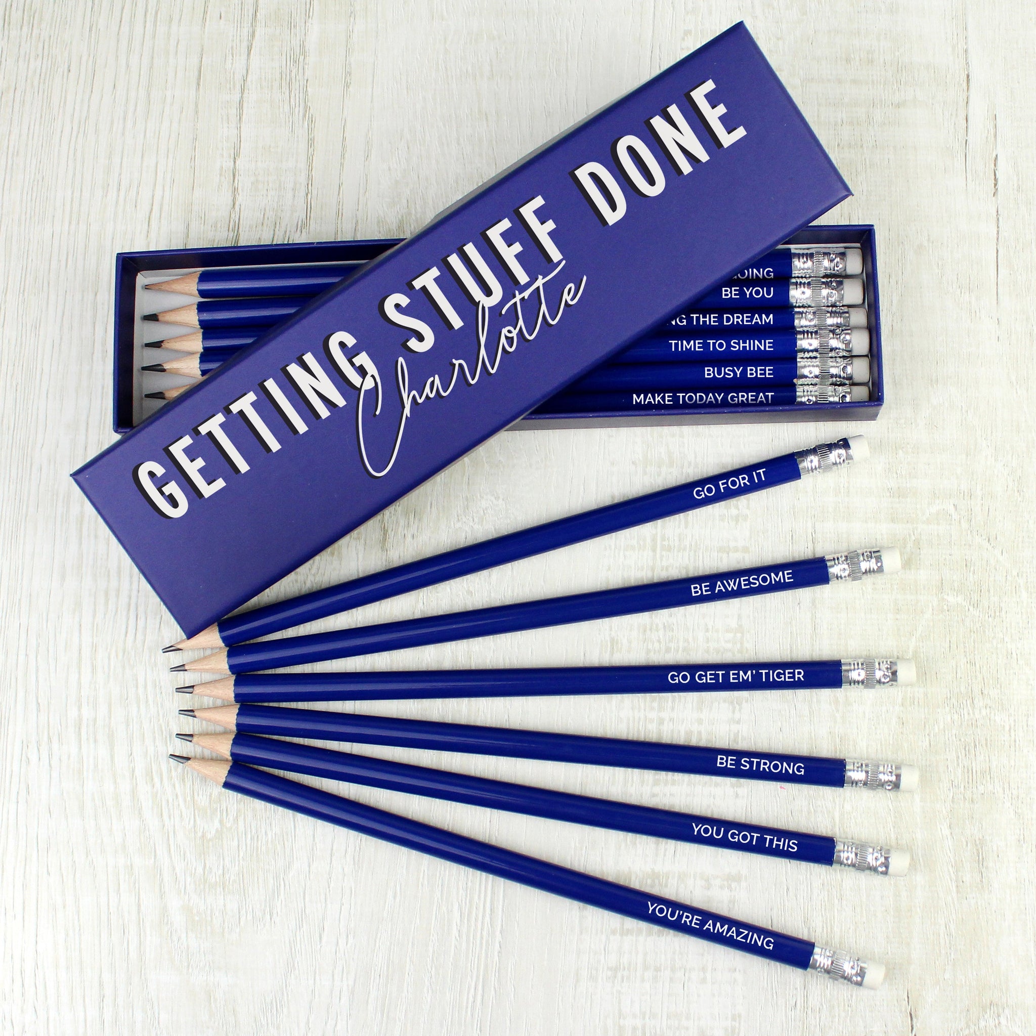 Personalised Getting Stuff Done Box and 12 Blue HB Pencils: 1 - Pens & Pencils By Gift Moments
