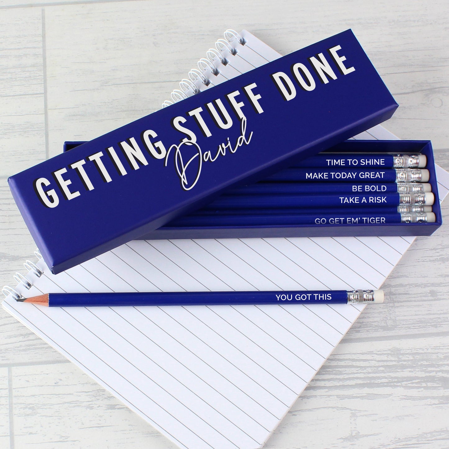 Personalised Getting Stuff Done Box and 12 Blue HB Pencils: 3 - Pens & Pencils By Gift Moments