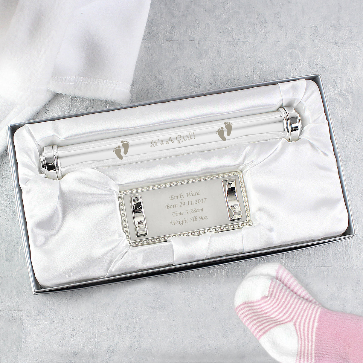 Personalised Its A Girl Silver Plated Certificate Holder: 3 Certificate Holders By Gift Moments