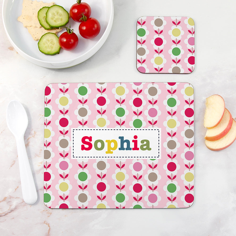 Personalised Girl’s Patterned Placemat & Coaster Sets: 2 - Colourful Sunflowers - Placemats By Gift Moments