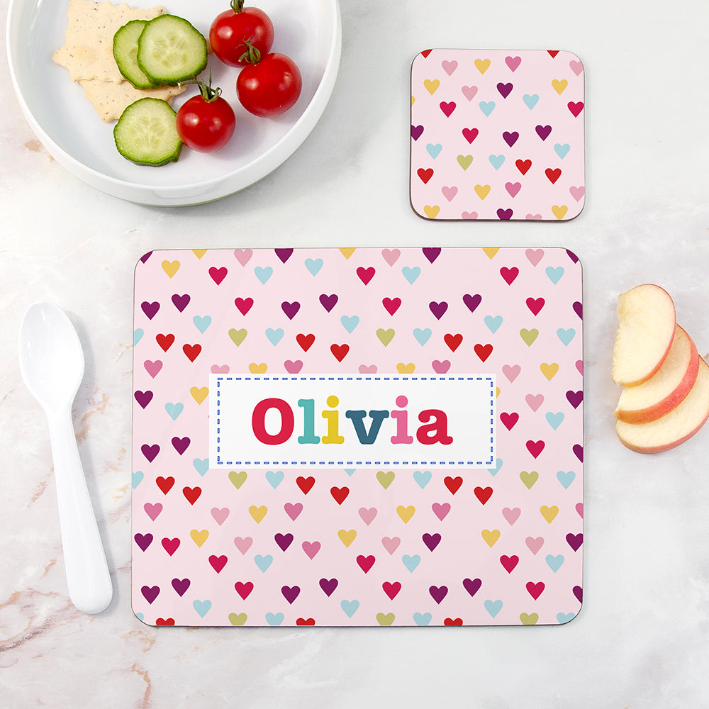 Personalised Girl’s Patterned Placemat & Coaster Sets: 6 - Hearts - Placemats By Gift Moments