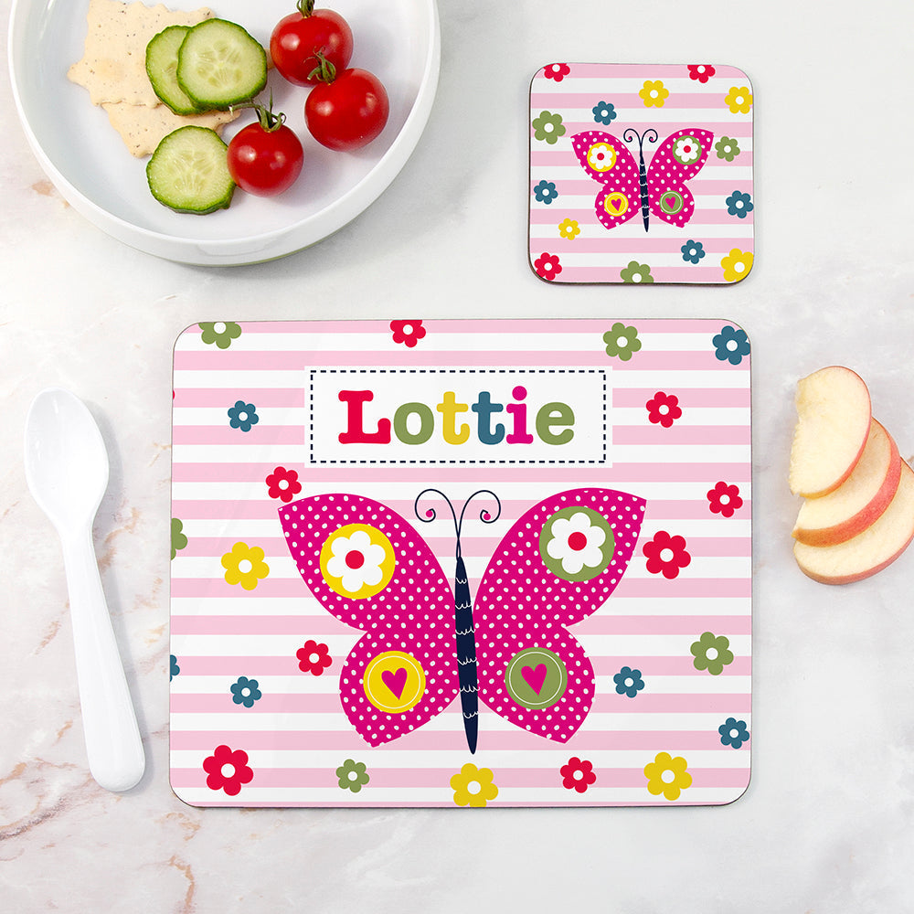 Personalised Girl’s Placemat & Coaster Sets: 9 - Butterfly - Placemats By Gift Moments