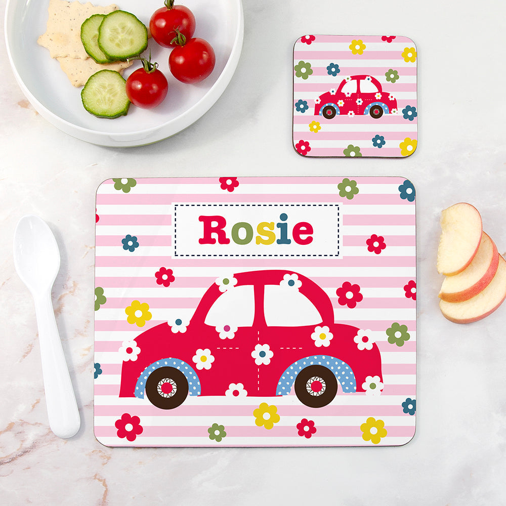 Personalised Girl’s Placemat & Coaster Sets: 8 - Car - Placemats By Gift Moments
