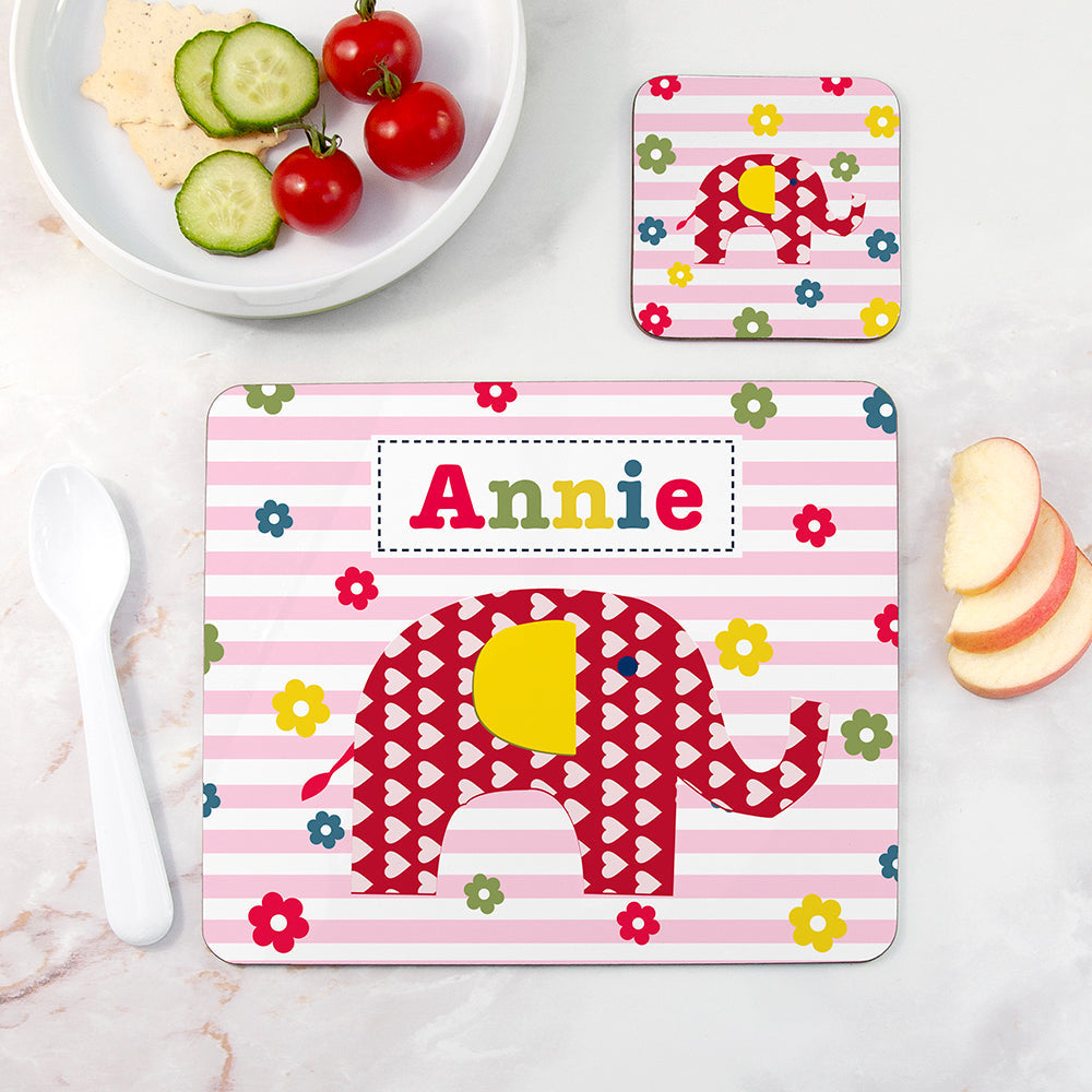Personalised Girl’s Placemat & Coaster Sets: 2 - Elephant - Placemats By Gift Moments