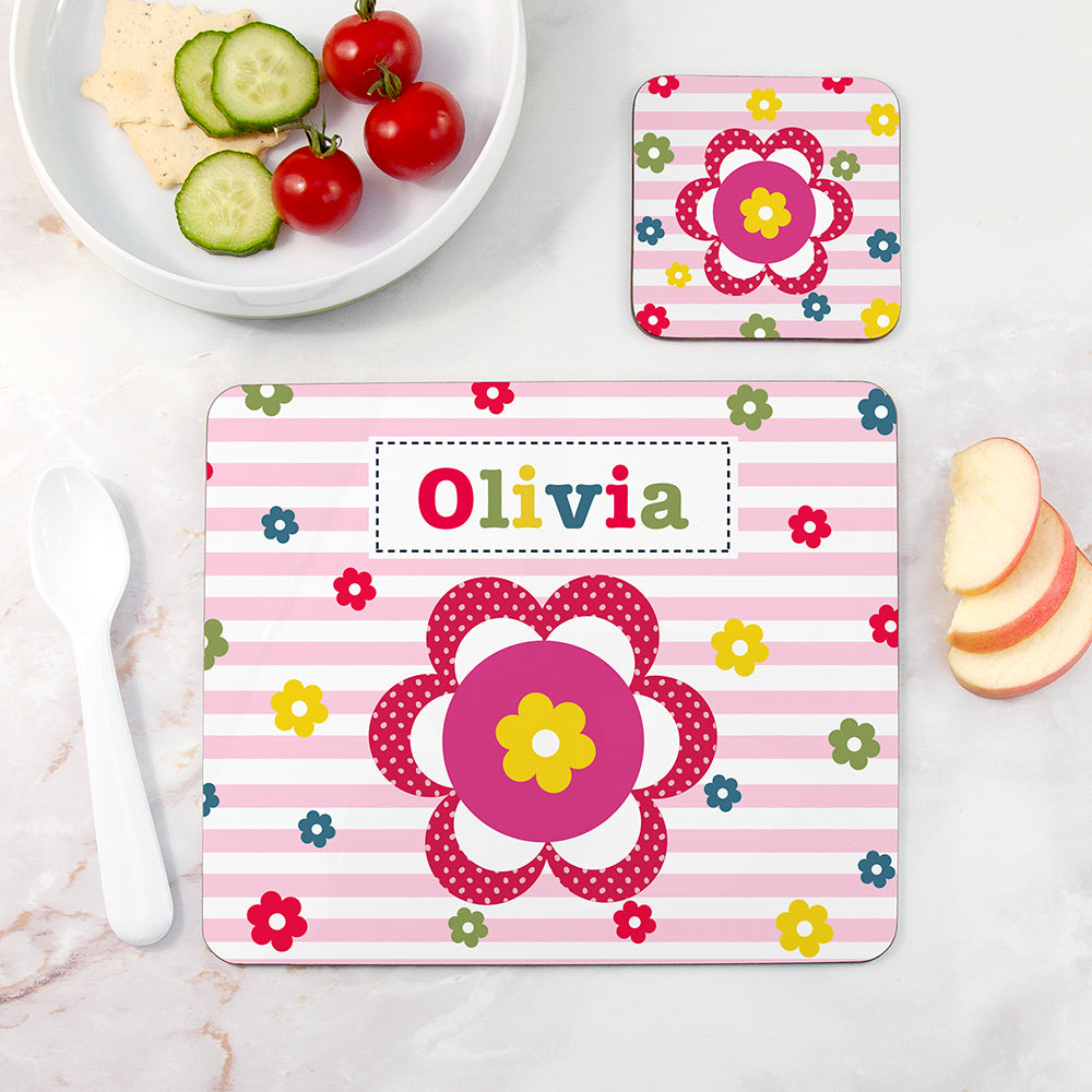 Personalised Girl’s Placemat & Coaster Sets: 3 - Flower - Placemats By Gift Moments