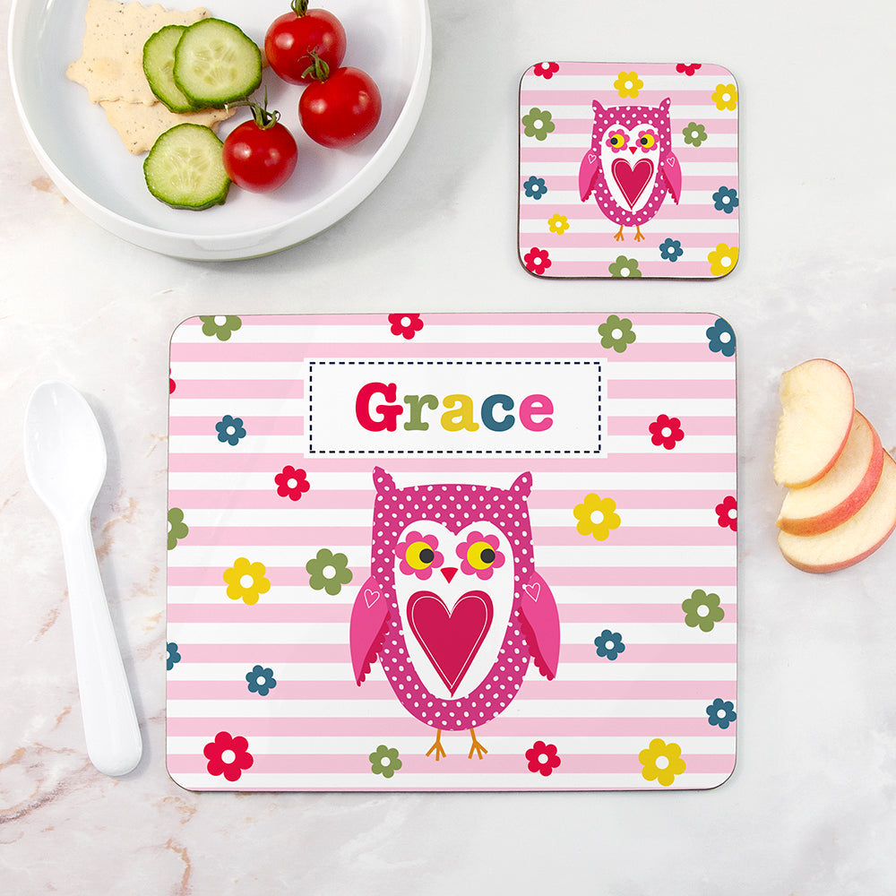 Personalised Girl’s Placemat & Coaster Sets: 5 - Owl - Placemats By Gift Moments