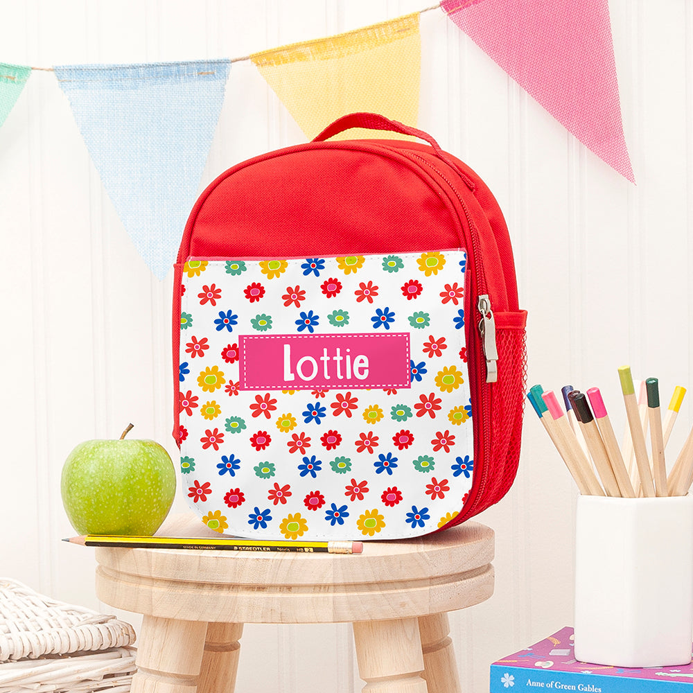 Personalised Girl’s Red Patterned Lunch Bags: 1 - Flowers - Lunch Boxes & Bags By Gift Moments