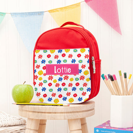 Personalised Red Patterned Lunch Bag for Girls: 1 - Flowers - Lunch Boxes & Bags By Gift Moments