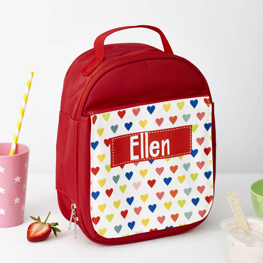 Personalised Red Patterned Lunch Bag for Girls: 2 - Hearts - Lunch Boxes & Bags By Gift Moments