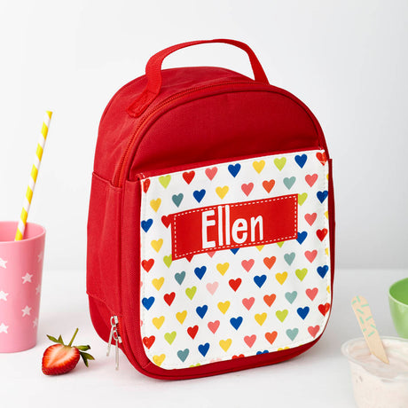 Personalised Red Patterned Lunch Bag for Girls: 2 - Hearts - Lunch Boxes & Bags By Gift Moments